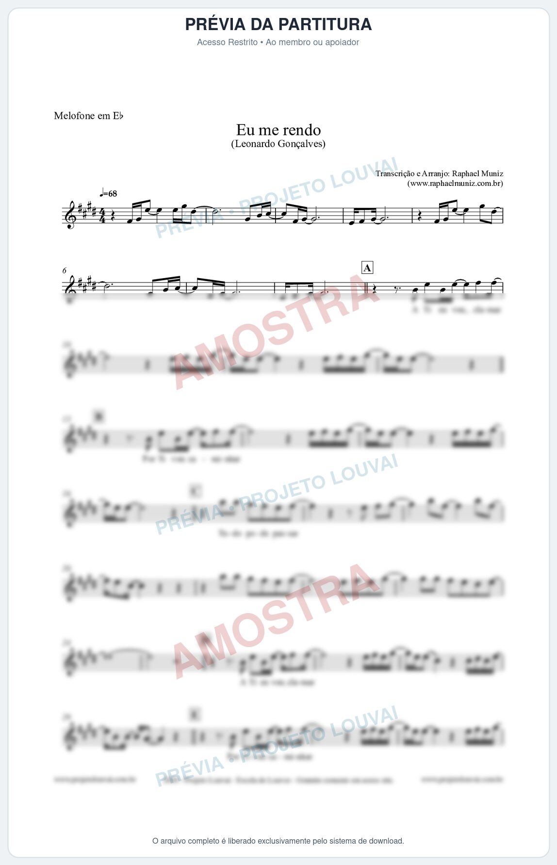 Prévia protegida da primeira página da partitura Partitura para Melofone em Eb - Eu me Rendo (Tom G) - Leonardo Gonçalves