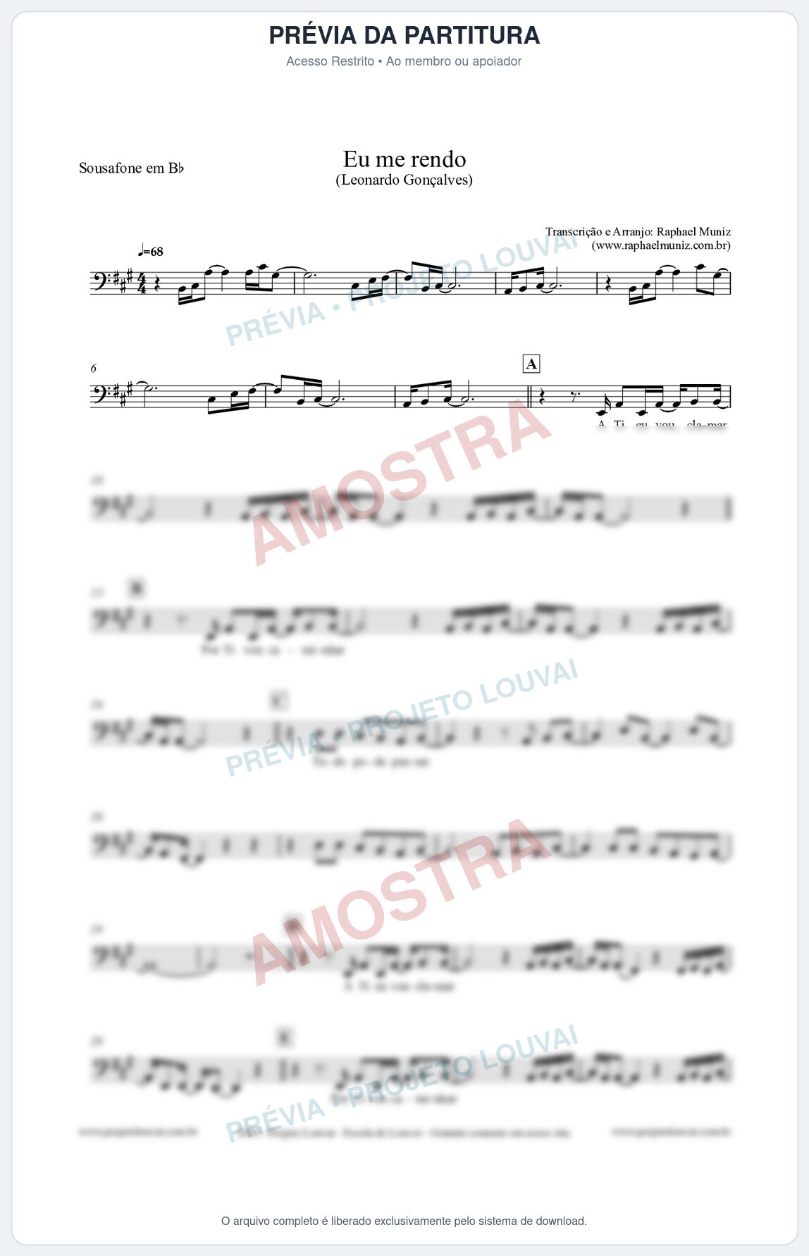 Prévia protegida da primeira página da partitura Partitura para Sousafone em Bb - Eu me Rendo (Tom G) - Leonardo Gonçalves