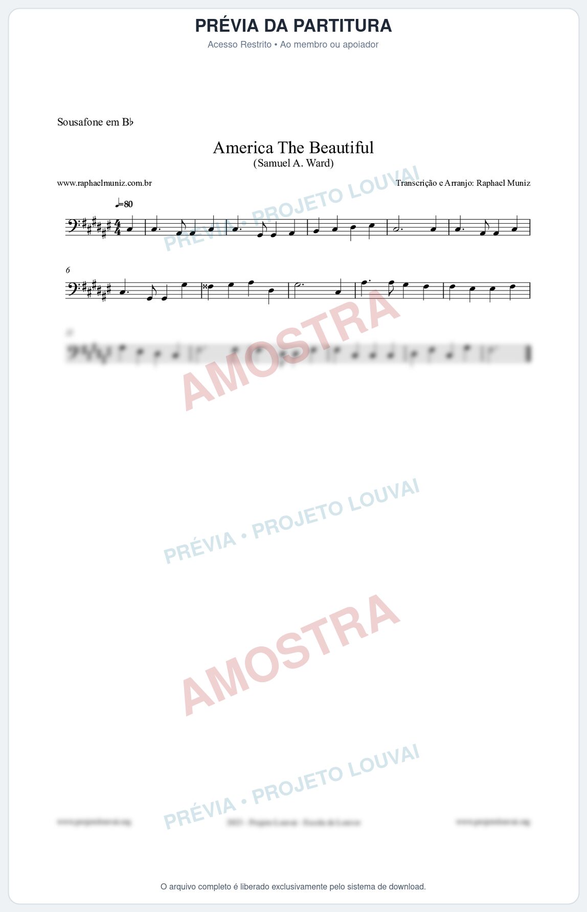 Prévia protegida da primeira página da partitura Partitura para Sousafone em Bb - America The Beautiful - Samuel A Ward
