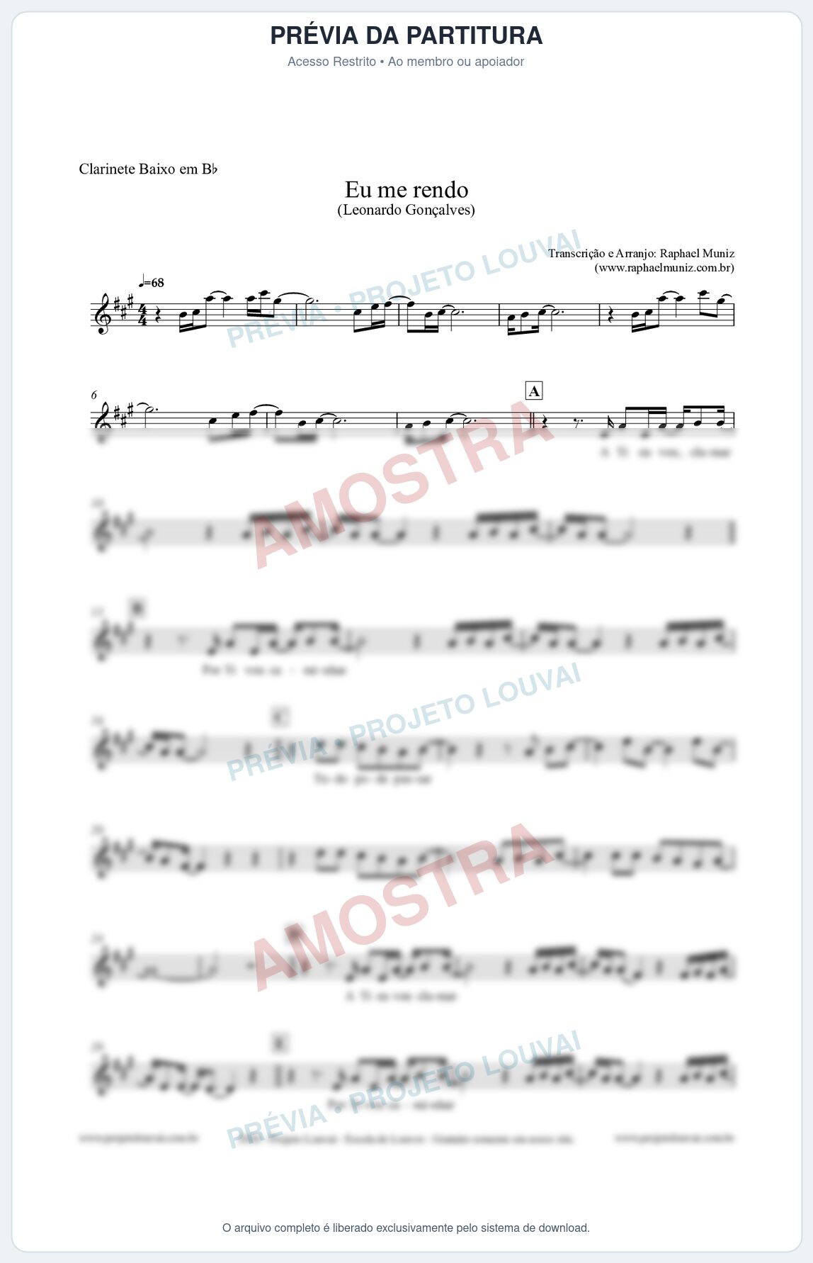 Prévia protegida da primeira página da partitura Partitura para Clarinete Baixo em Bb - Eu me Rendo (Tom G) - Leonardo Gonçalves