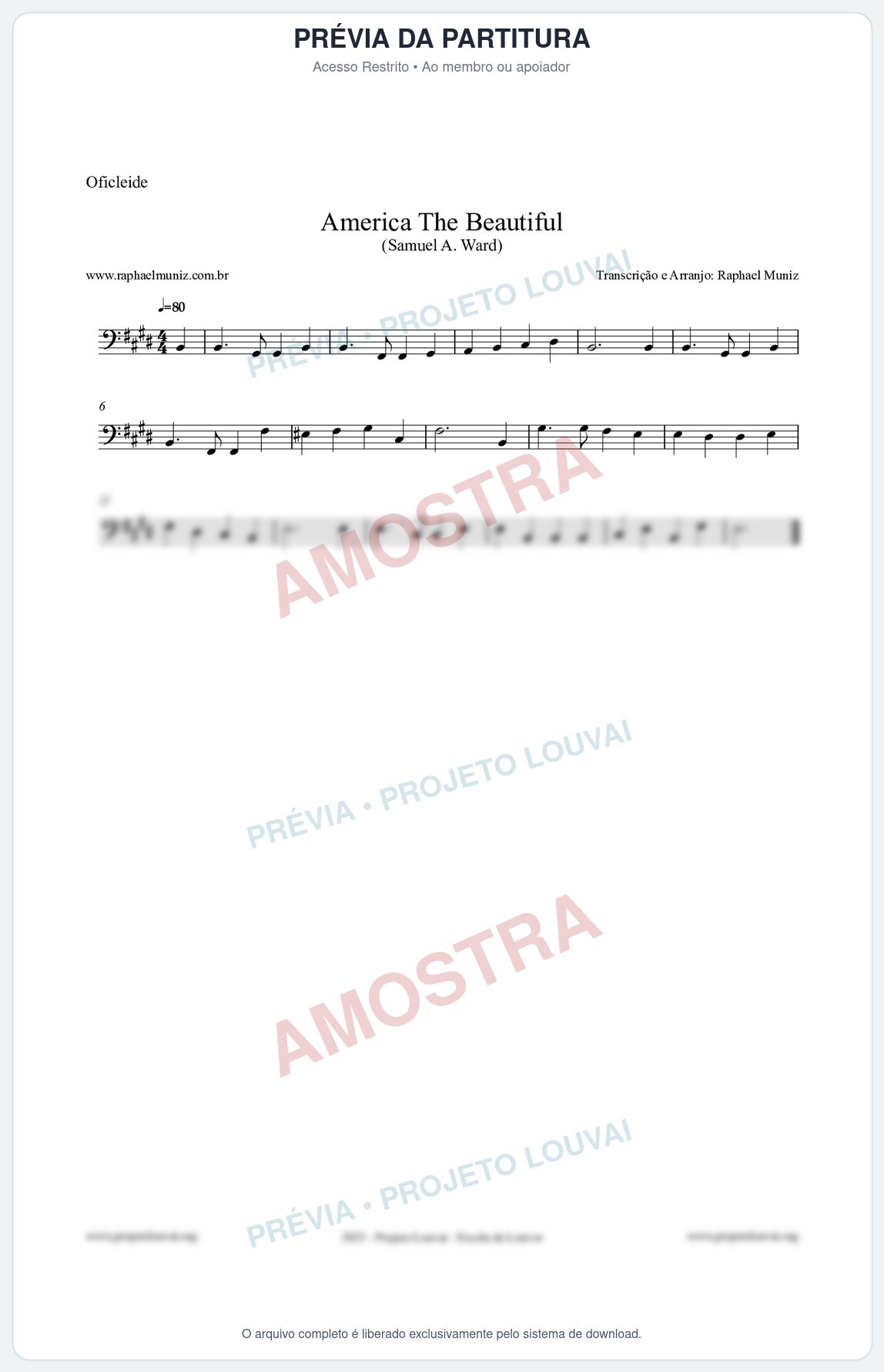 Prévia protegida da primeira página da partitura Partitura para Oficleide - America The Beautiful - Samuel A Ward