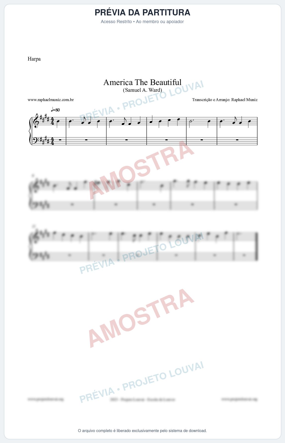 Prévia protegida da primeira página da partitura Partitura para Harpa - America The Beautiful - Samuel A Ward