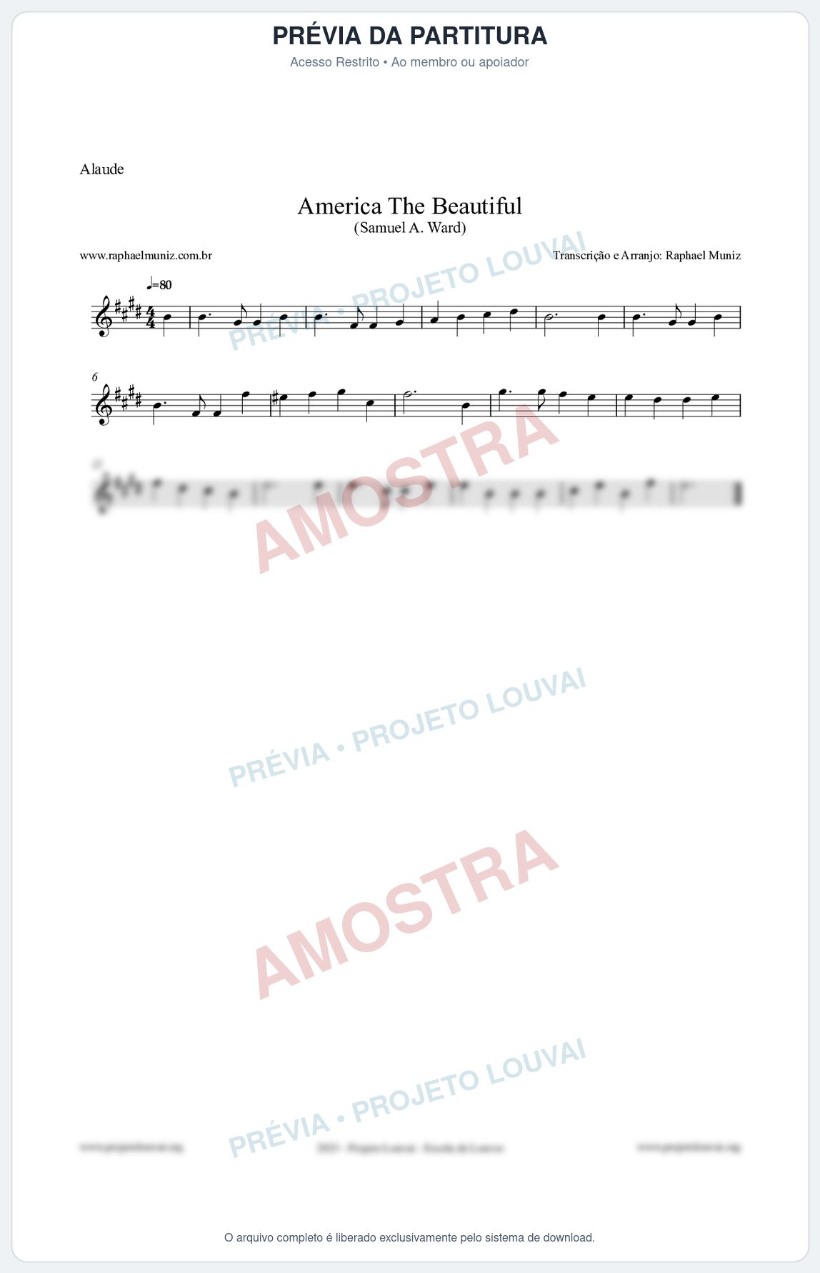 Prévia protegida da primeira página da partitura Partitura para Alaúde - America The Beautiful - Samuel A Ward