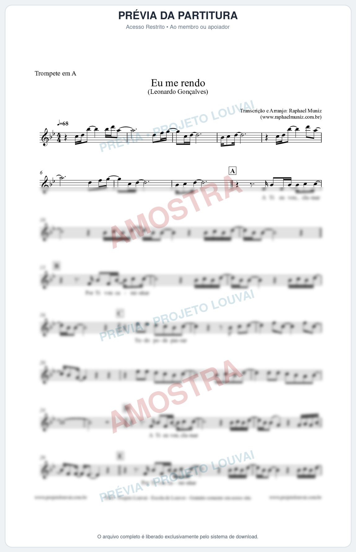 Prévia protegida da primeira página da partitura Partitura para Trompete em A - Eu me Rendo (Tom G) - Leonardo Gonçalves
