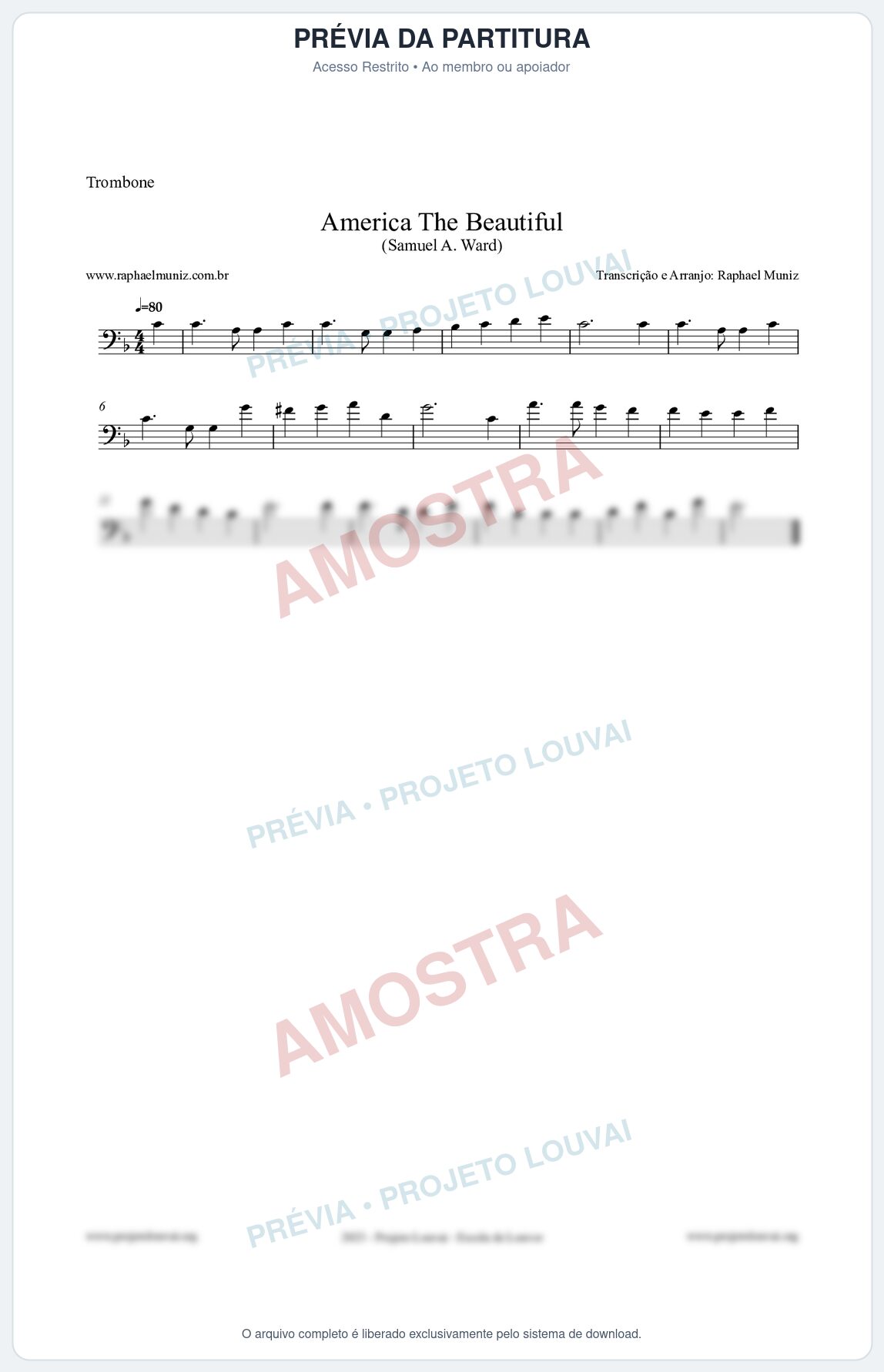 Prévia protegida da primeira página da partitura Partitura para Trombone - America The Beautiful - Samuel A Ward