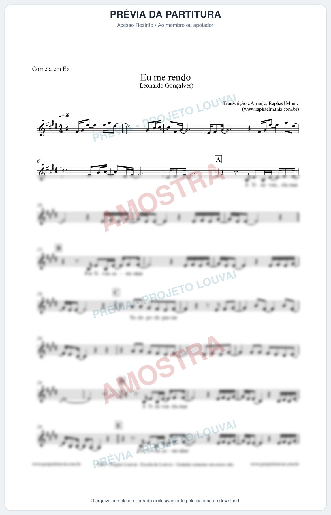 Prévia protegida da primeira página da partitura Partitura para Corneta em Eb - Eu me Rendo (Tom G) - Leonardo Gonçalves