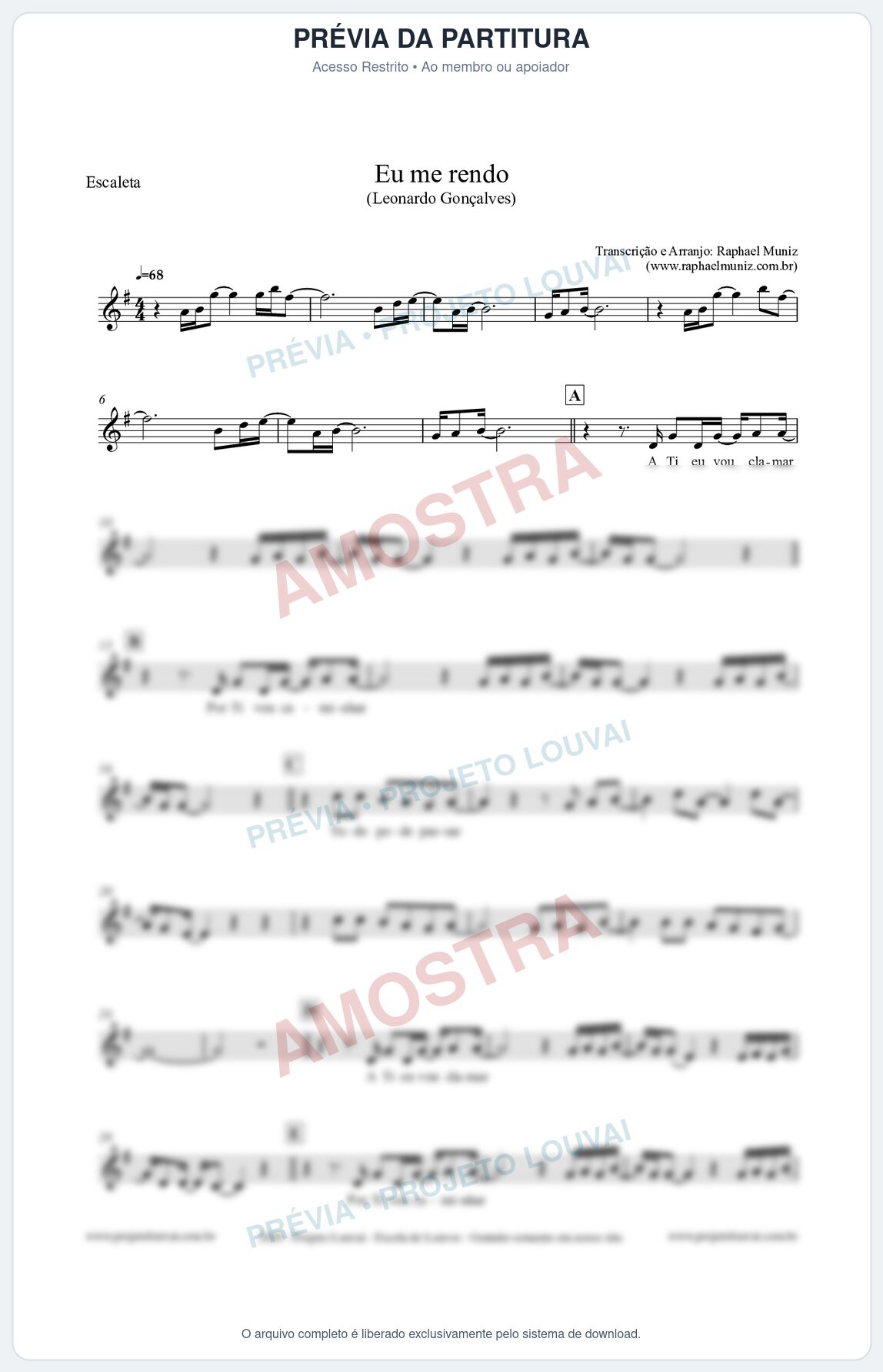Prévia protegida da primeira página da partitura Partitura para Escaleta - Eu me Rendo (Tom G) - Leonardo Gonçalves