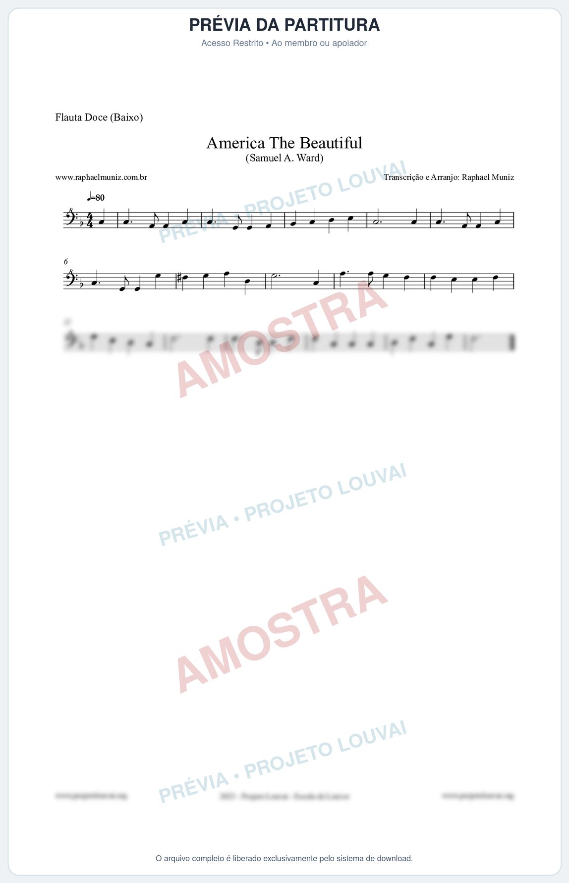 Prévia protegida da primeira página da partitura Partitura para Flauta Doce (Baixo) - America The Beautiful - Samuel A Ward