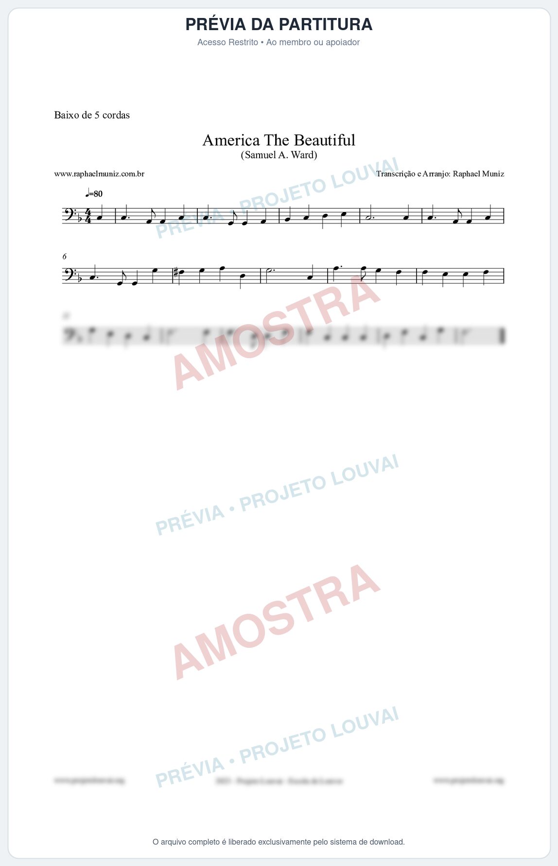 Prévia protegida da primeira página da partitura Partitura para Baixo de 5 cordas - America The Beautiful - Samuel A Ward
