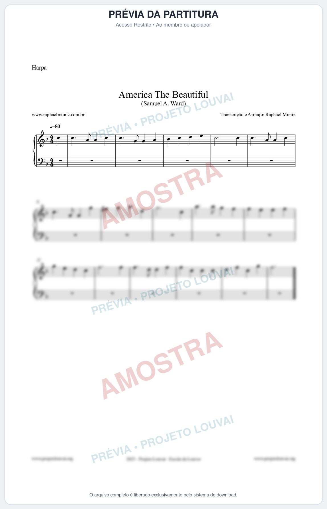 Prévia protegida da primeira página da partitura Partitura para Harpa - America The Beautiful - Samuel A Ward