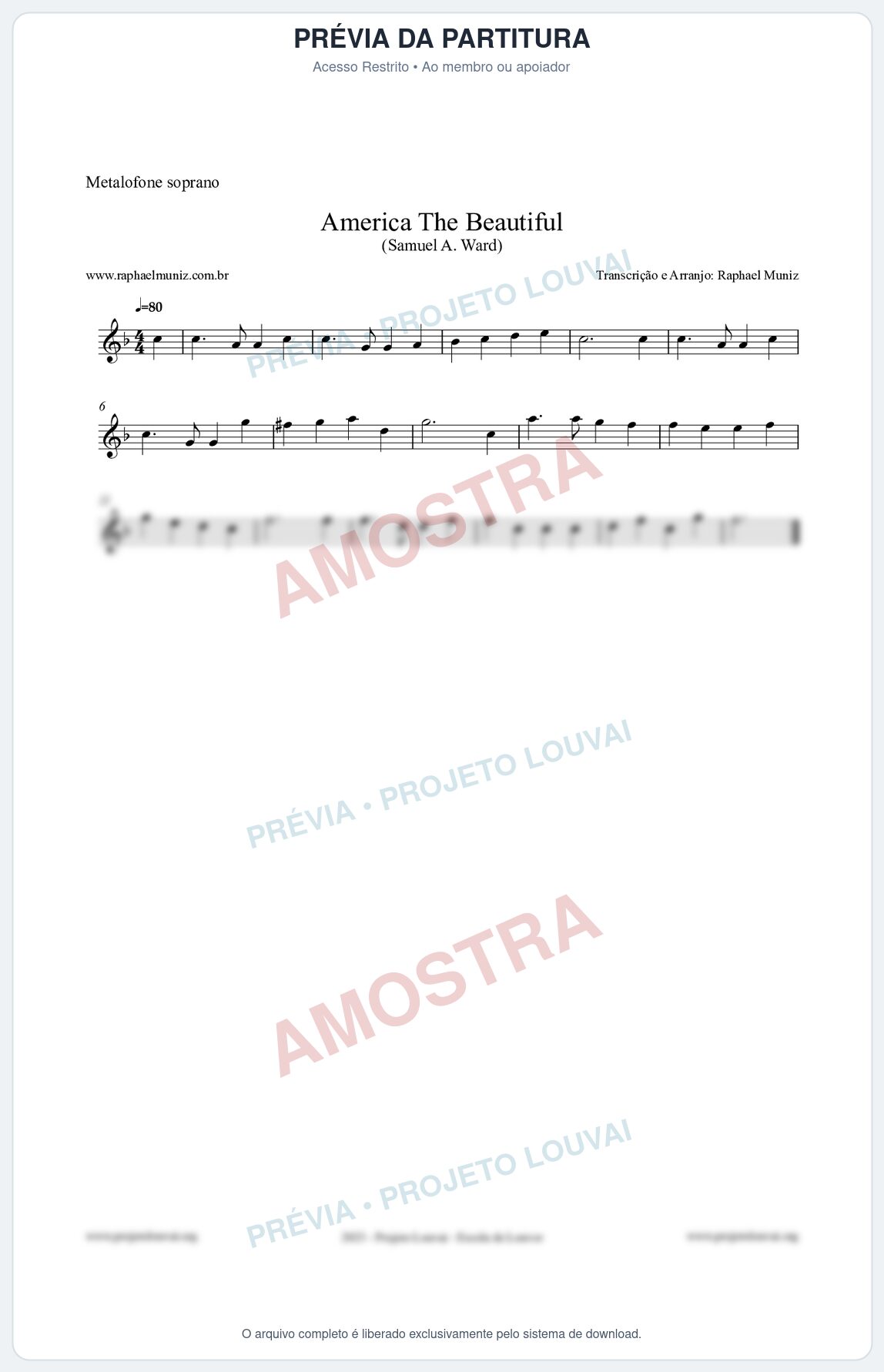 Prévia protegida da primeira página da partitura Partitura para Metalofone soprano - America The Beautiful - Samuel A Ward