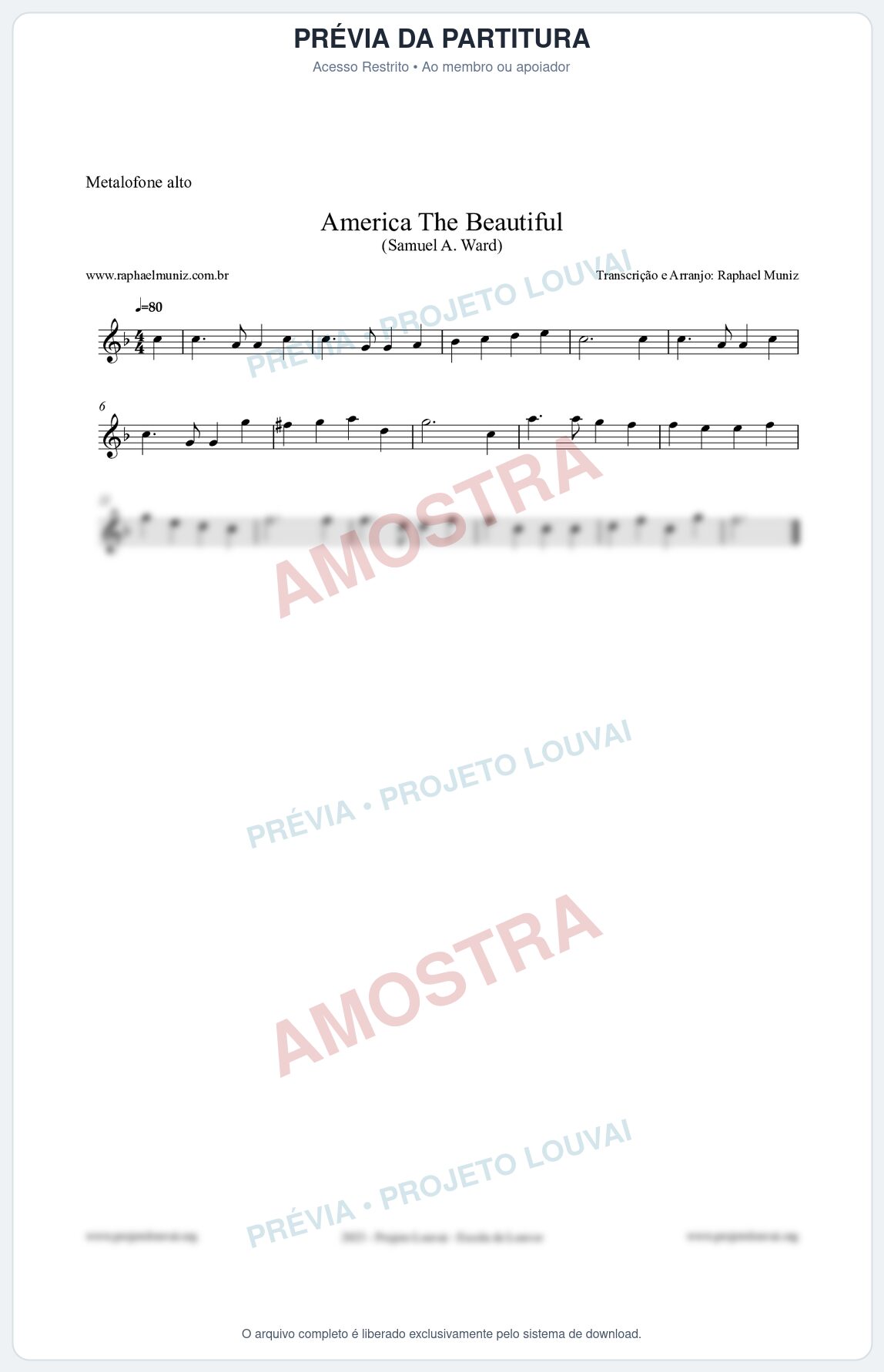 Prévia protegida da primeira página da partitura Partitura para Metalofone alto - America The Beautiful - Samuel A Ward