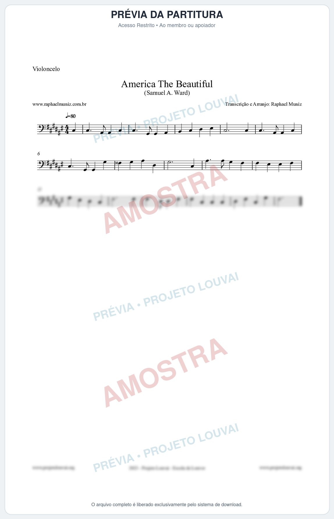 Prévia protegida da primeira página da partitura Partitura para Violoncelo - America The Beautiful - Samuel A Ward