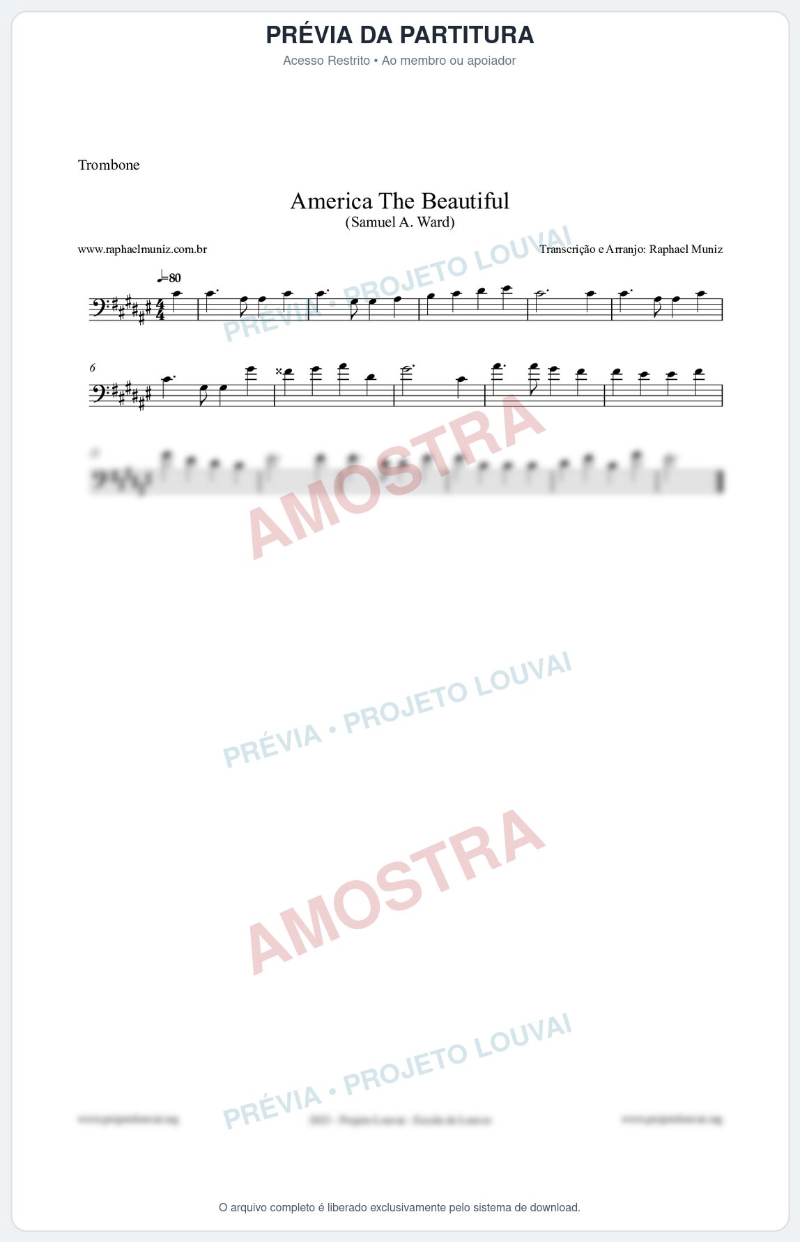 Prévia protegida da primeira página da partitura Partitura para Trombone - America The Beautiful - Samuel A Ward