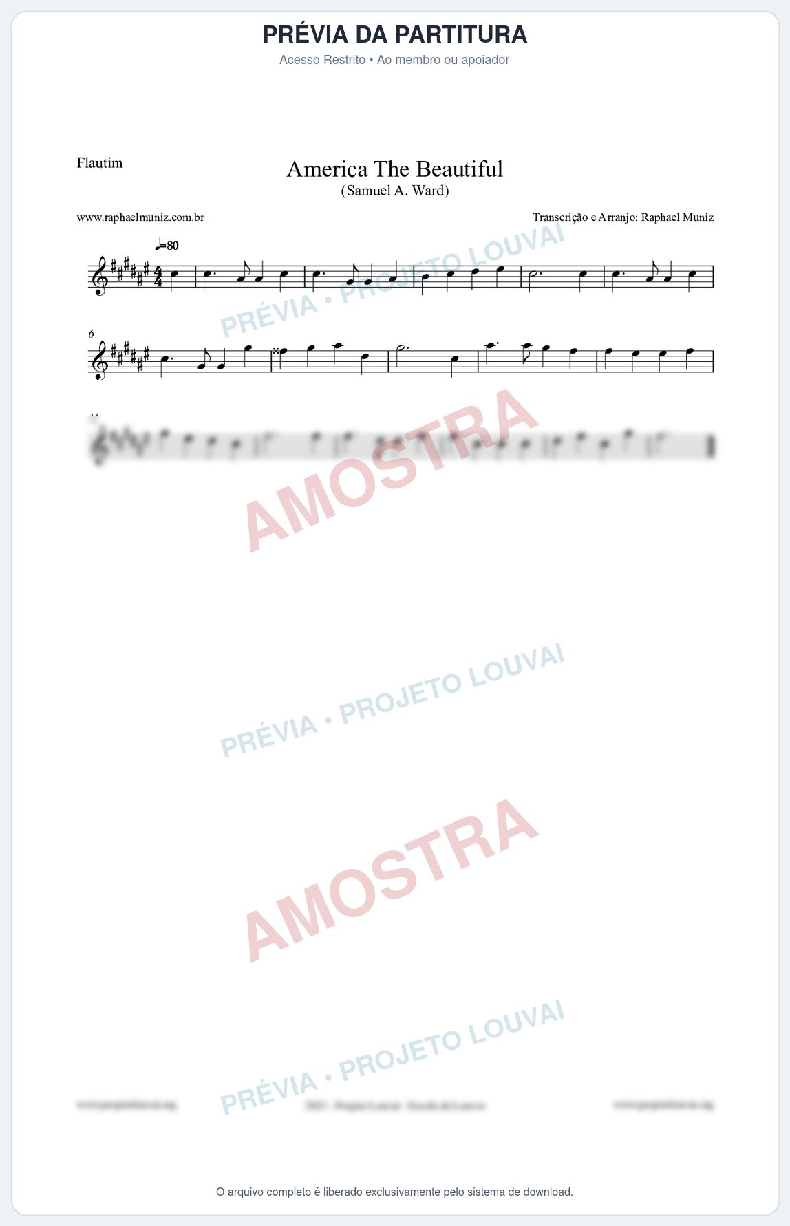 Prévia protegida da primeira página da partitura Partitura para Flautim - America The Beautiful - Samuel A Ward