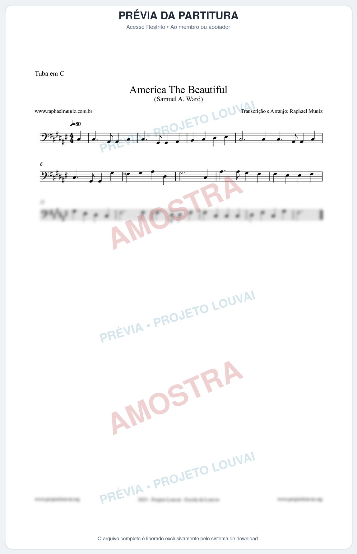 Prévia protegida da primeira página da partitura Partitura para Tuba em C - America The Beautiful - Samuel A Ward