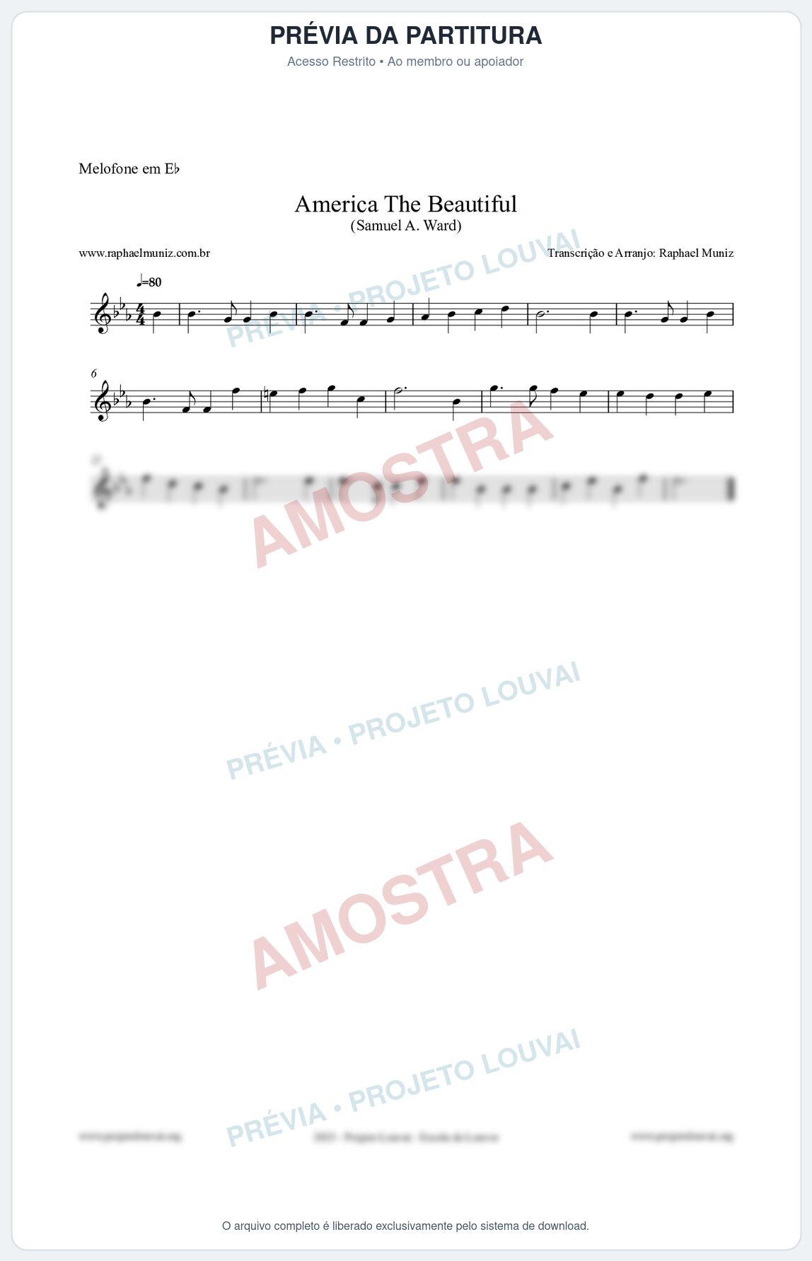 Prévia protegida da primeira página da partitura Partitura para Melofone em Eb - America The Beautiful - Samuel A Ward