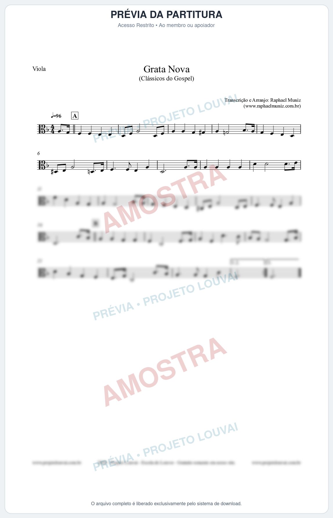 Prévia protegida da primeira página da partitura Partitura para Viola - Grata Nova - Harpa Cristã 18 (Tom Dm) - Clássicos do Gospel
