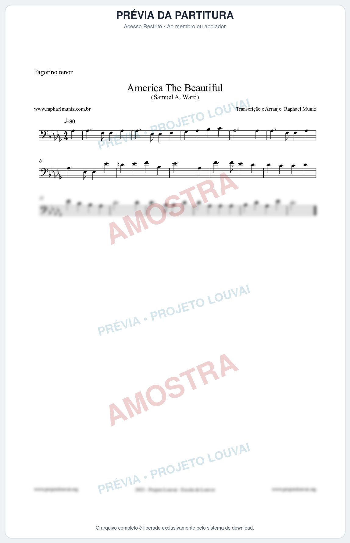 Prévia protegida da primeira página da partitura Partitura para Fagotino tenor - America The Beautiful - Samuel A Ward