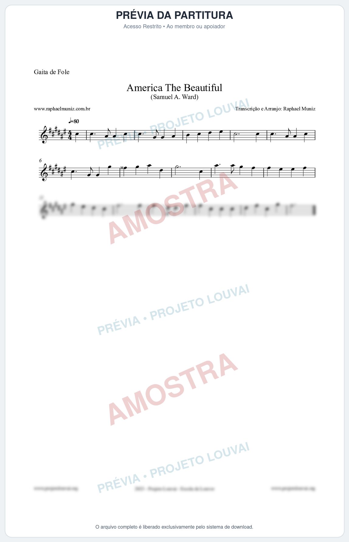 Prévia protegida da primeira página da partitura Partitura para Gaita de Fole - America The Beautiful - Samuel A Ward