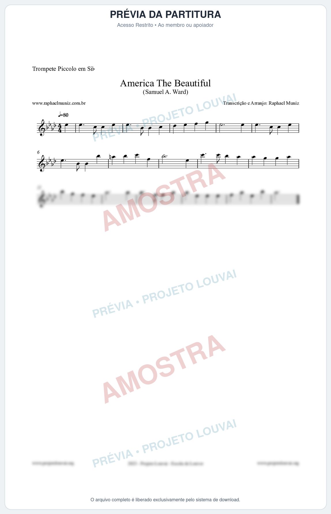 Prévia protegida da primeira página da partitura Partitura para Trompete Piccolo em Sib - America The Beautiful - Samuel A Ward