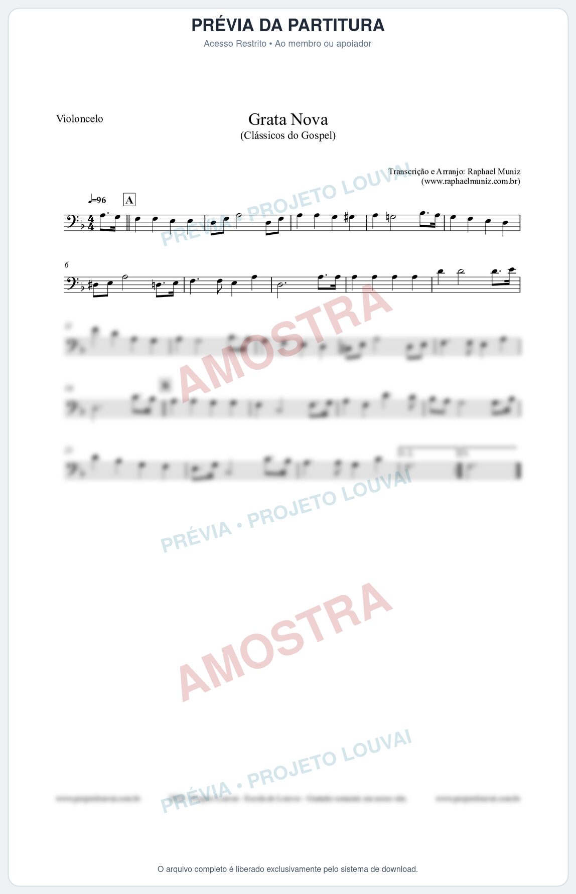 Prévia protegida da primeira página da partitura Partitura para Violoncelo - Grata Nova - Harpa Cristã 18 (Tom Dm) - Clássicos do Gospel