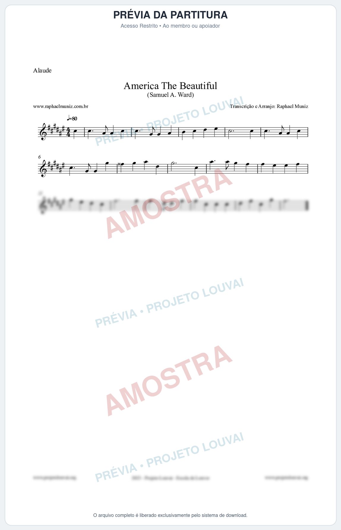 Prévia protegida da primeira página da partitura Partitura para Alaúde - America The Beautiful - Samuel A Ward