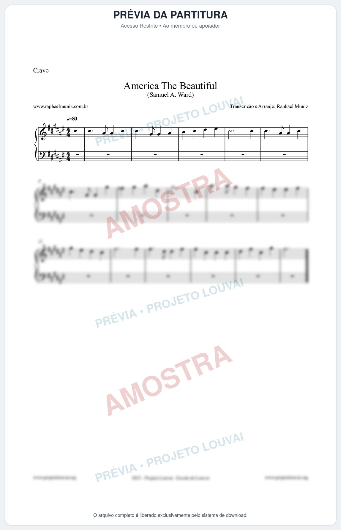 Prévia protegida da primeira página da partitura Partitura para Cravo - America The Beautiful - Samuel A Ward