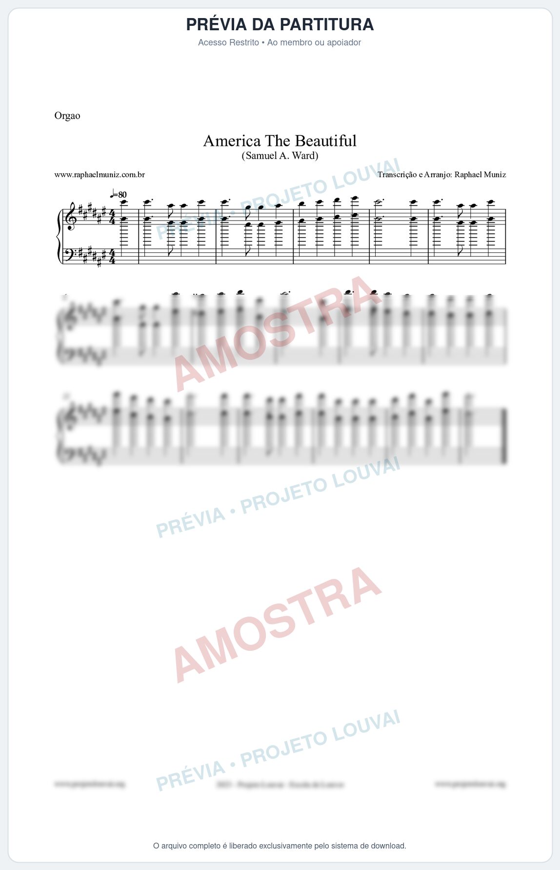 Prévia protegida da primeira página da partitura Partitura para Órgão - America The Beautiful - Samuel A Ward