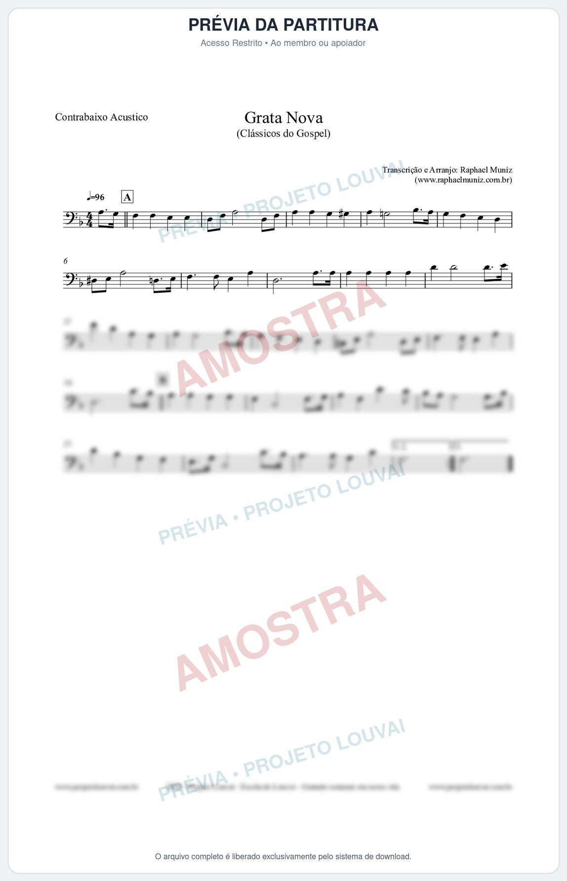 Prévia protegida da primeira página da partitura Partitura para Contrabaixo Acústico - Grata Nova - Harpa Cristã 18 (Tom Dm) - Clássicos do Gospel
