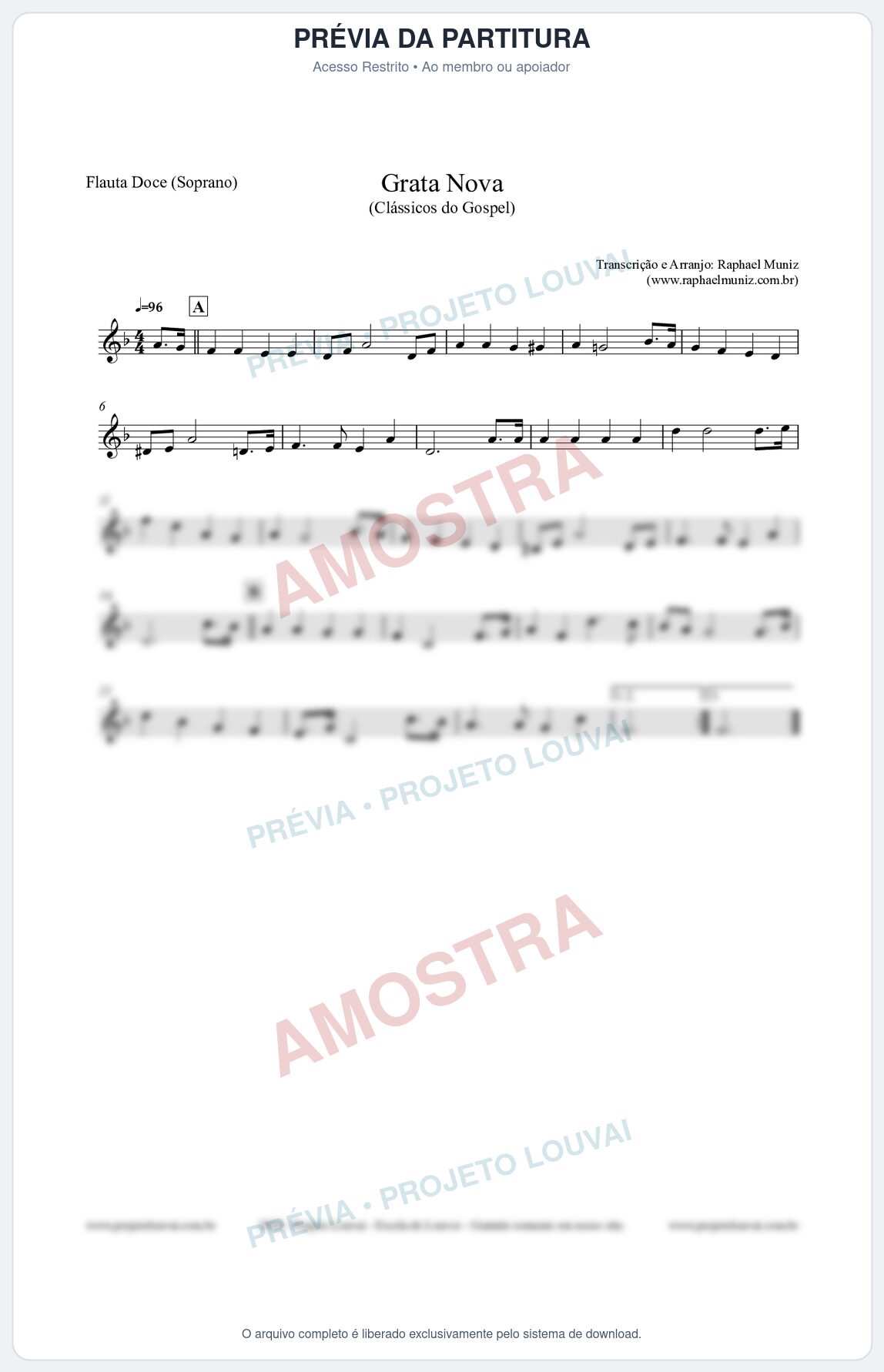 Prévia protegida da primeira página da partitura Partitura para Flauta Doce (Soprano) - Grata Nova - Harpa Cristã 18 (Tom Dm) - Clássicos do Gospel