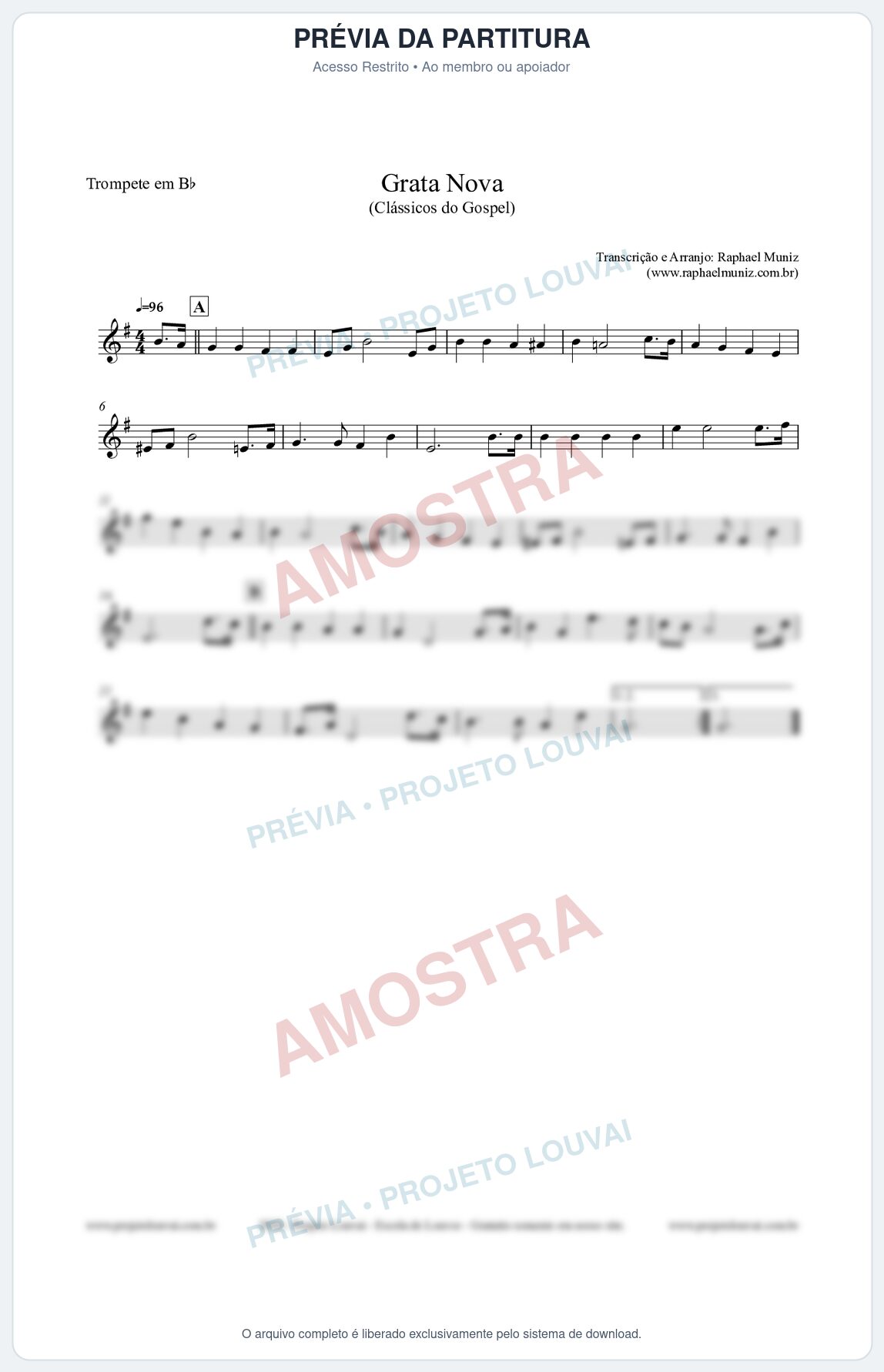 Prévia protegida da primeira página da partitura Partitura para Trompete em Bb - Grata Nova - Harpa Cristã 18 (Tom Dm) - Clássicos do Gospel