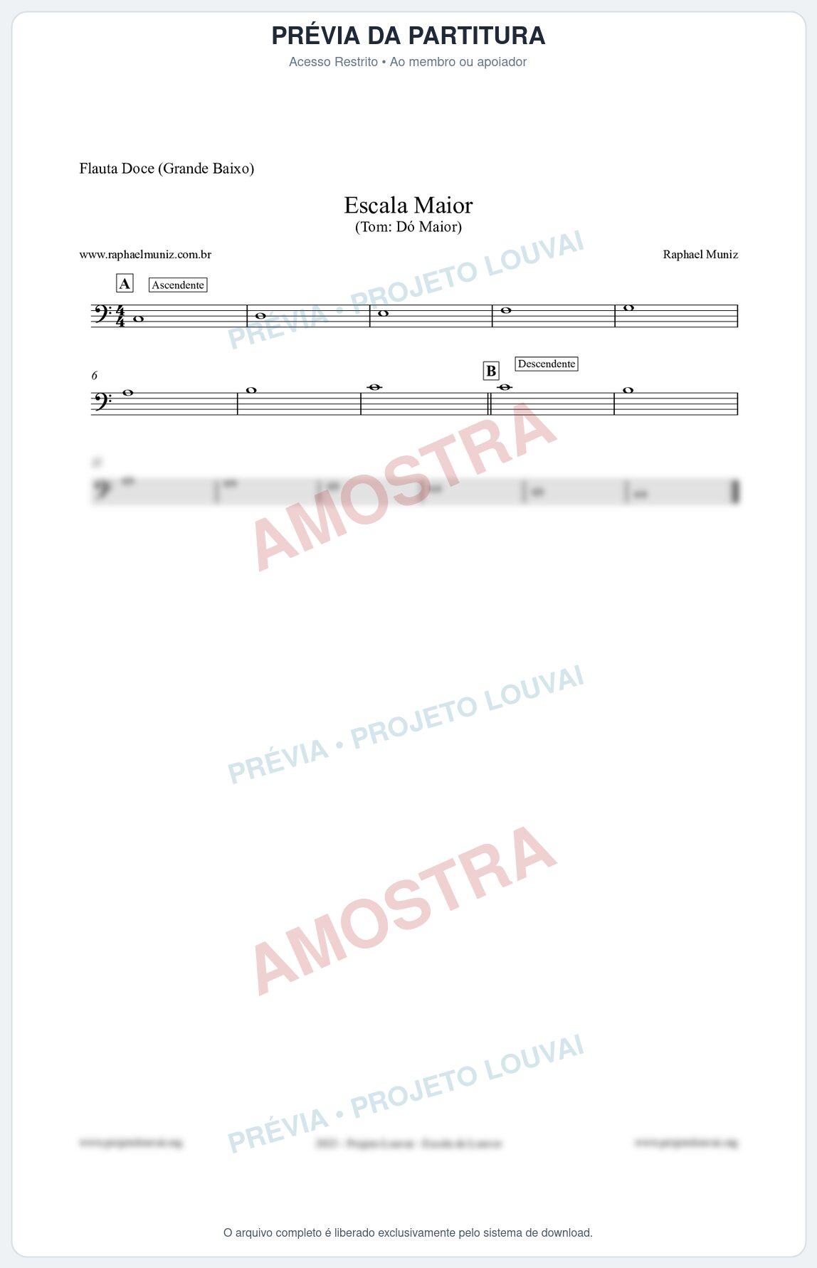 Prévia protegida da primeira página da partitura Partitura para Flauta Doce (Grande Baixo) - Escala de Dó Maior - Teoria Musical