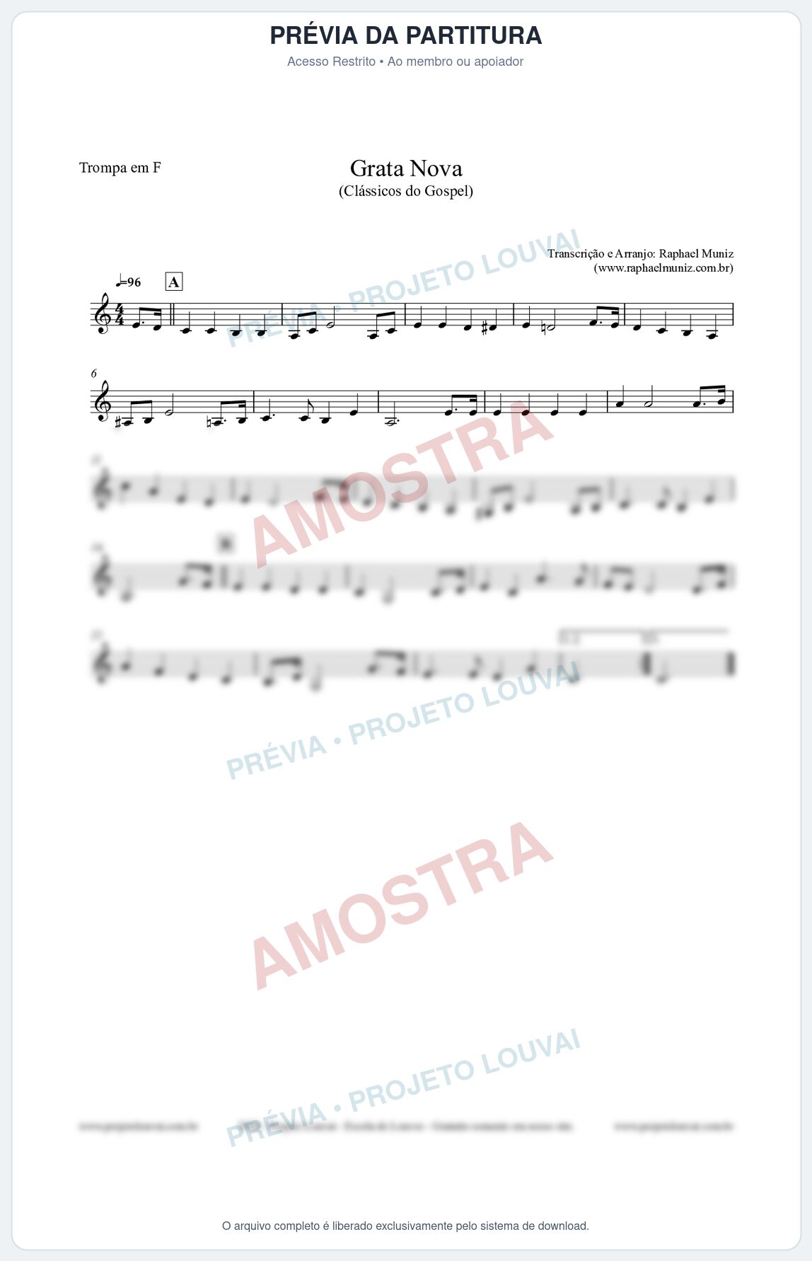 Prévia protegida da primeira página da partitura Partitura para Trompa em F - Grata Nova - Harpa Cristã 18 (Tom Dm) - Clássicos do Gospel