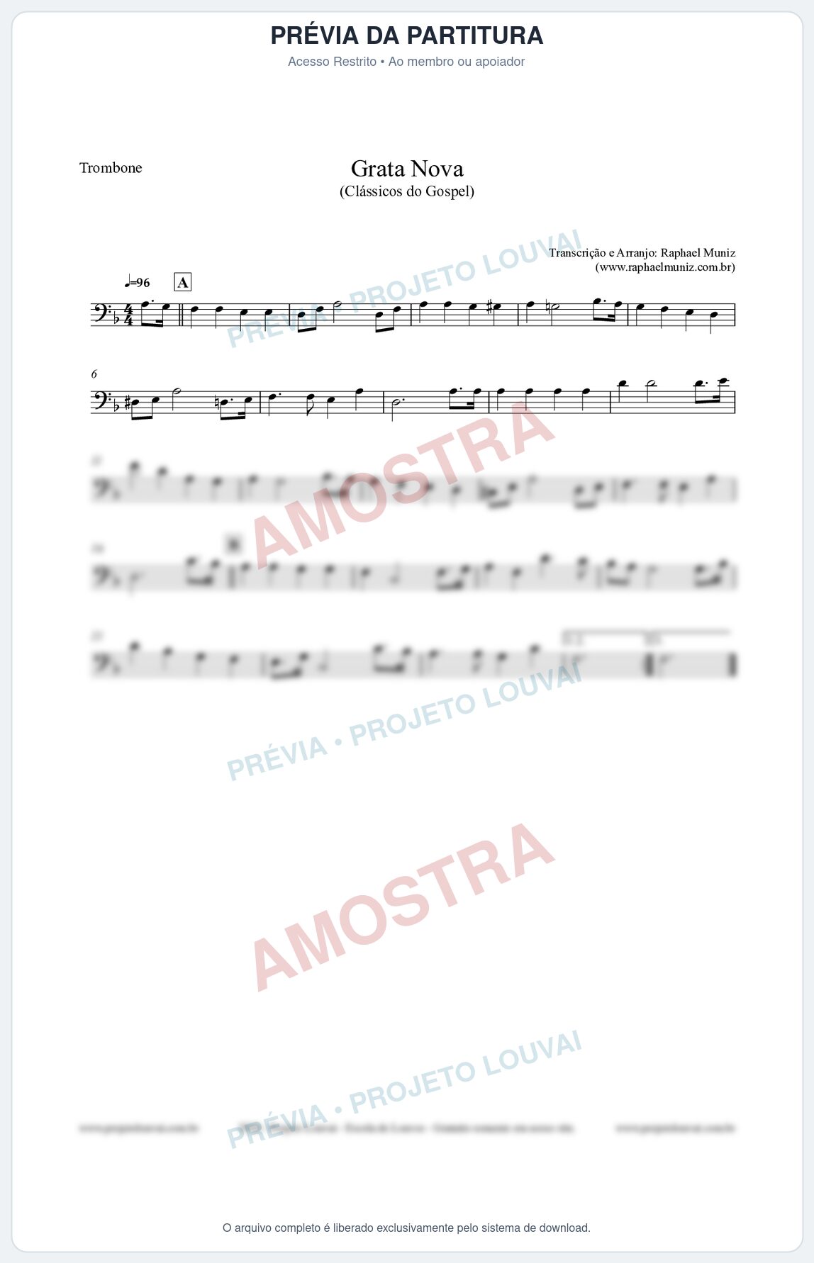 Prévia protegida da primeira página da partitura Partitura para Trombone - Grata Nova - Harpa Cristã 18 (Tom Dm) - Clássicos do Gospel