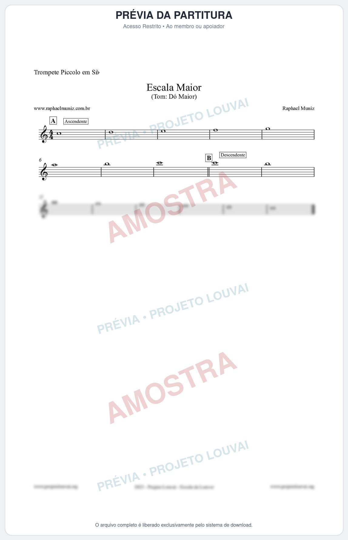 Prévia protegida da primeira página da partitura Partitura para Trompete Piccolo em Sib - Escala de Dó Maior - Teoria Musical