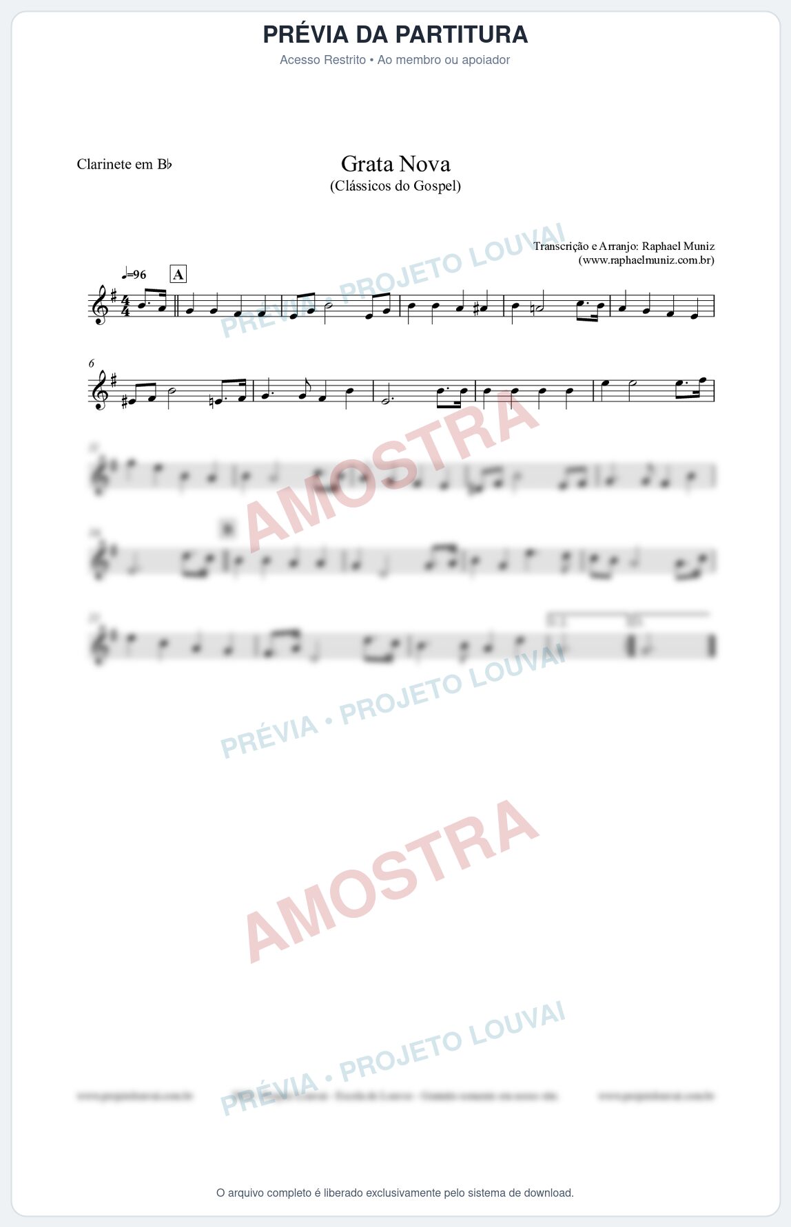 Prévia protegida da primeira página da partitura Partitura para Clarinete em Bb - Grata Nova - Harpa Cristã 18 (Tom Dm) - Clássicos do Gospel