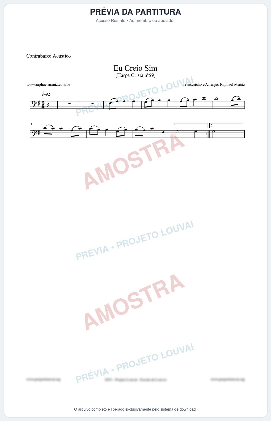 Prévia protegida da primeira página da partitura Partitura para Contrabaixo Acústico - Eu Creio Sim - Harpa Cristã nº59 - Clássicos do Gospel