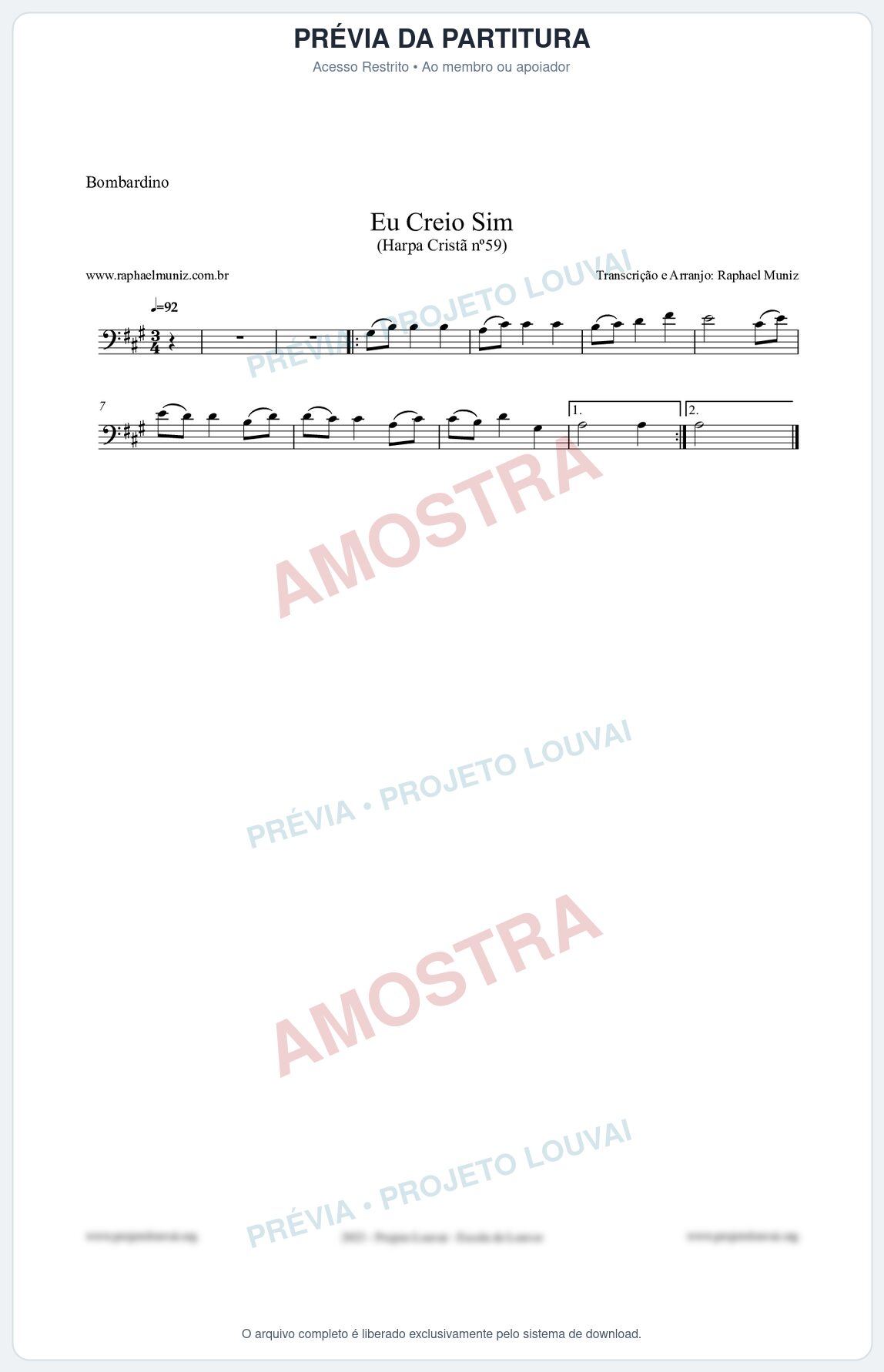 Prévia protegida da primeira página da partitura Partitura para Bombardino - Eu Creio Sim - Harpa Cristã nº59 - Clássicos do Gospel