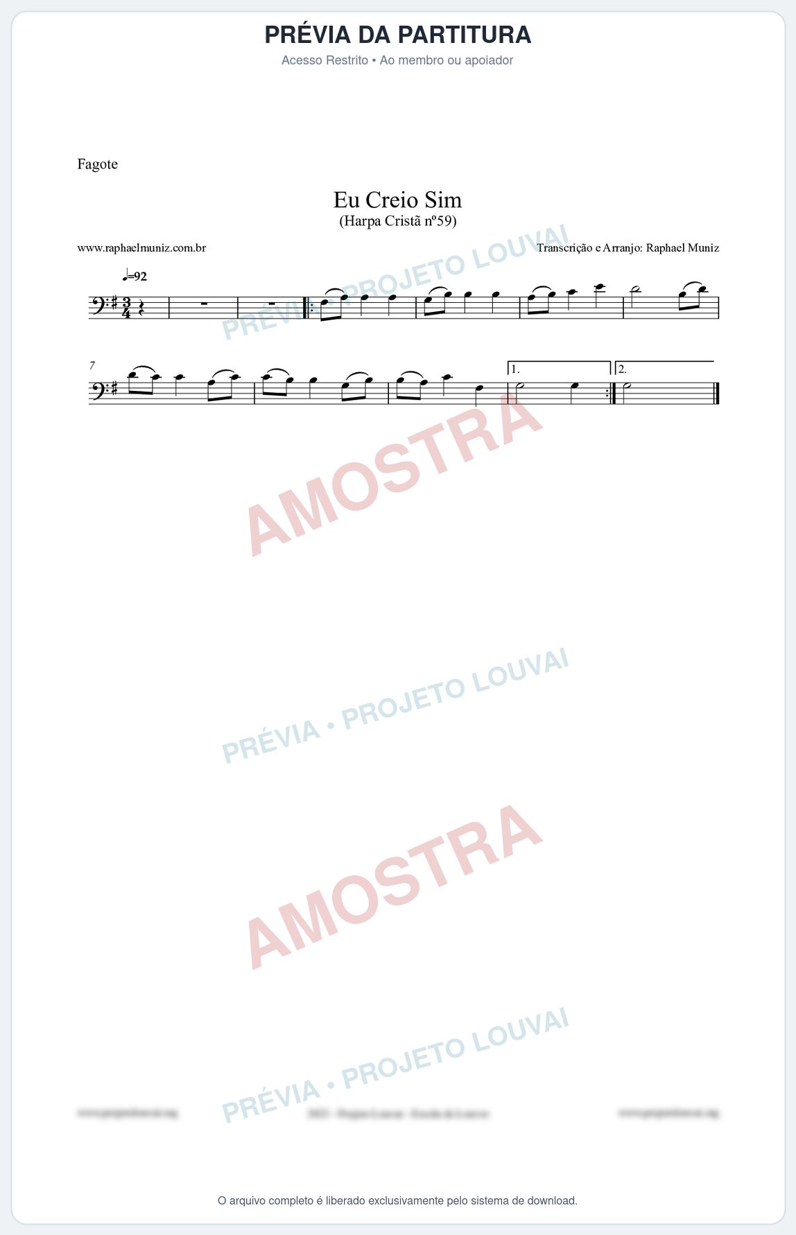 Prévia protegida da primeira página da partitura Partitura para Fagote - Eu Creio Sim - Harpa Cristã nº59 - Clássicos do Gospel