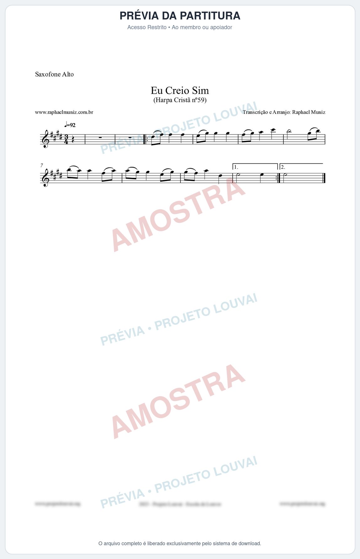 Prévia protegida da primeira página da partitura Partitura para Saxofone Alto - Eu Creio Sim - Harpa Cristã nº59 - Clássicos do Gospel