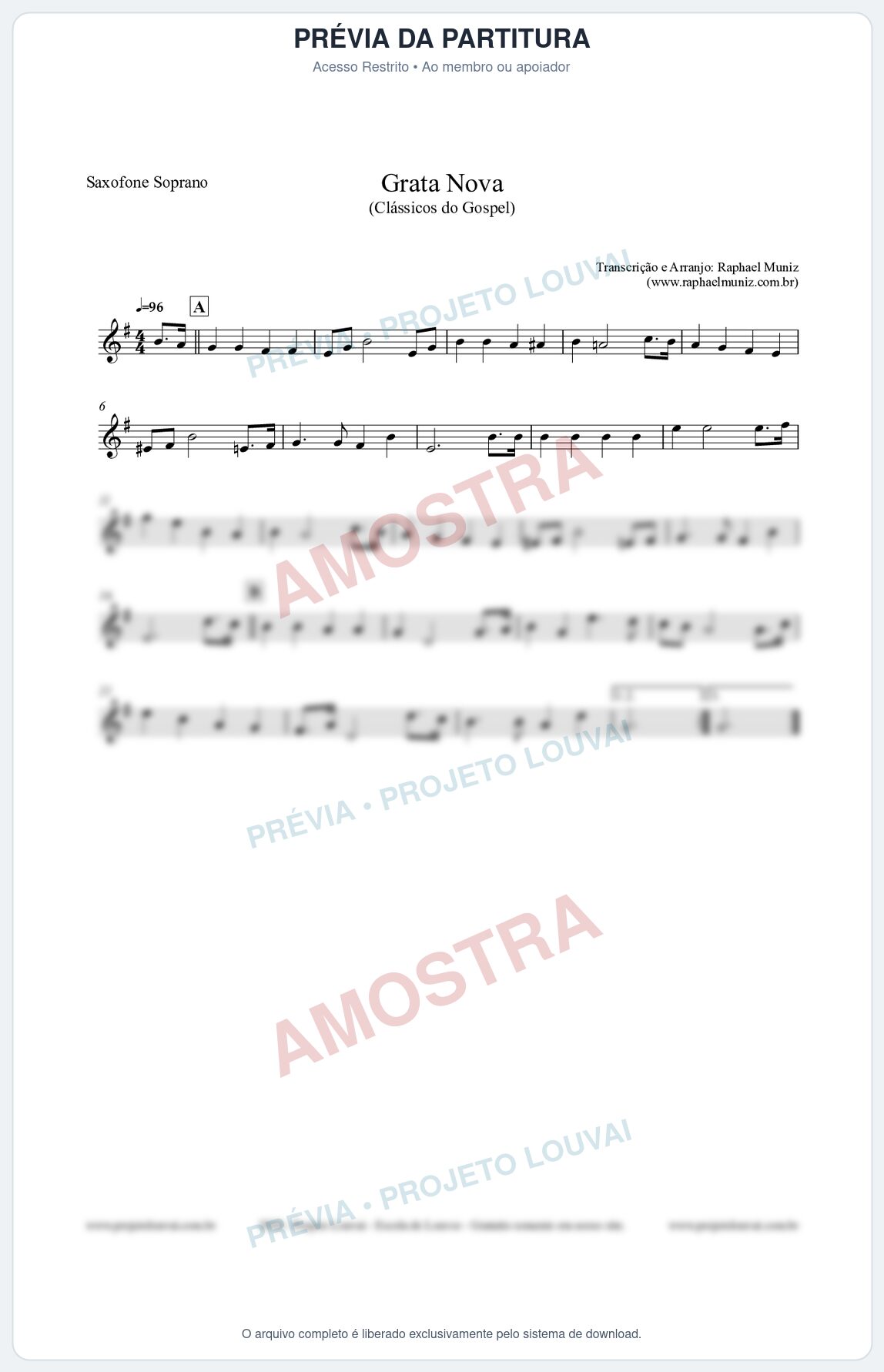 Prévia protegida da primeira página da partitura Partitura para Saxofone Soprano - Grata Nova - Harpa Cristã 18 (Tom Dm) - Clássicos do Gospel