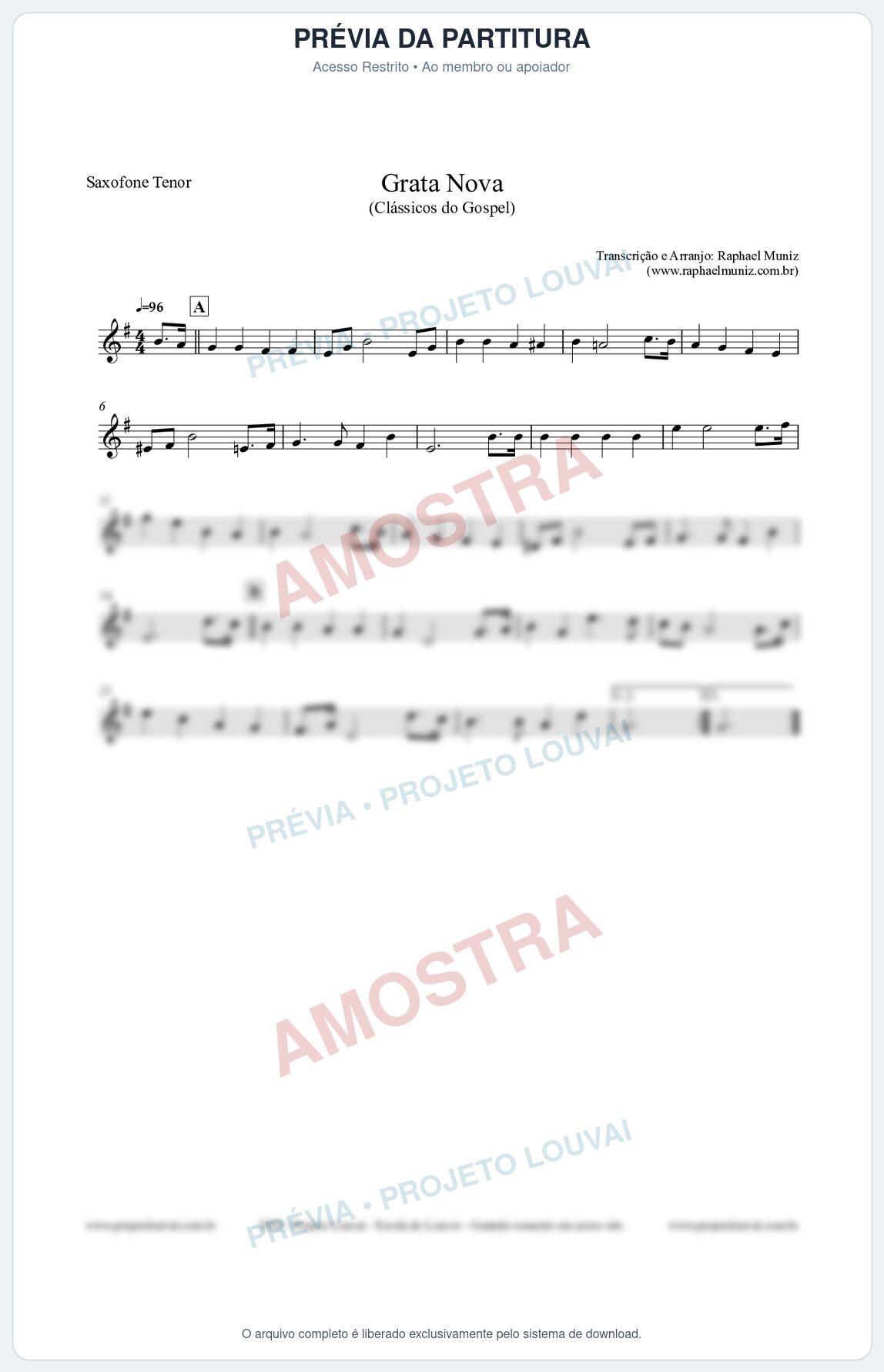 Prévia protegida da primeira página da partitura Partitura para Saxofone Tenor - Grata Nova - Harpa Cristã 18 (Tom Dm) - Clássicos do Gospel