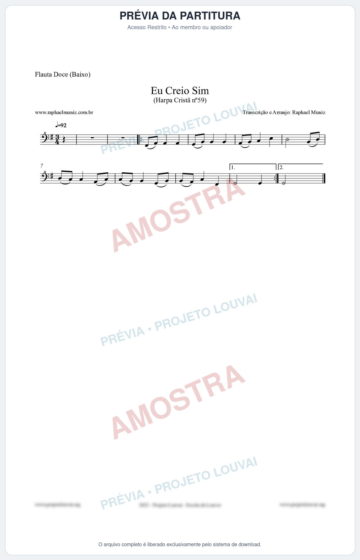 Prévia protegida da primeira página da partitura Partitura para Flauta Doce (Baixo) - Eu Creio Sim - Harpa Cristã nº59 - Clássicos do Gospel