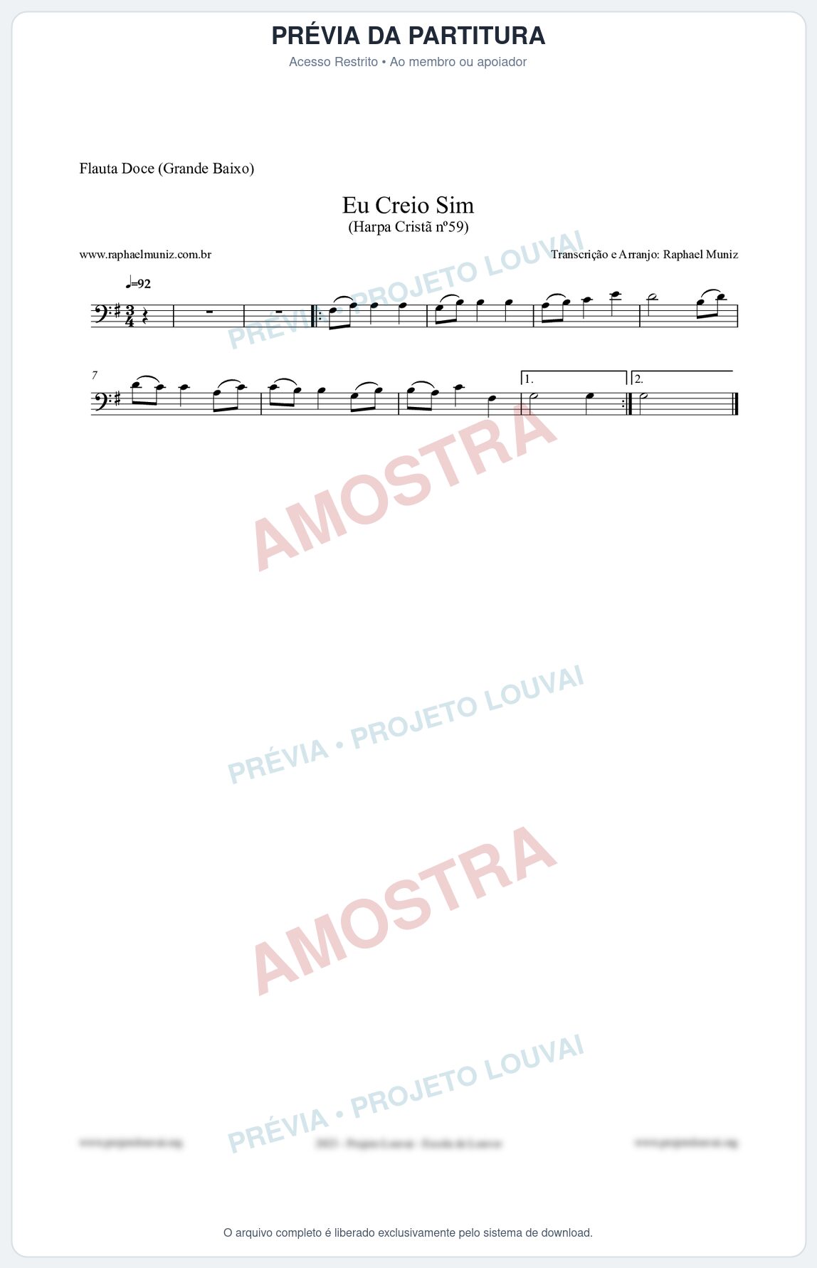 Prévia protegida da primeira página da partitura Partitura para Flauta Doce (Grande Baixo) - Eu Creio Sim - Harpa Cristã nº59 - Clássicos do Gospel
