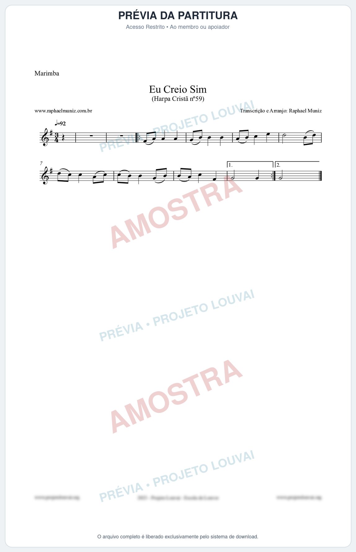Prévia protegida da primeira página da partitura Partitura para Marimba - Eu Creio Sim - Harpa Cristã nº59 - Clássicos do Gospel