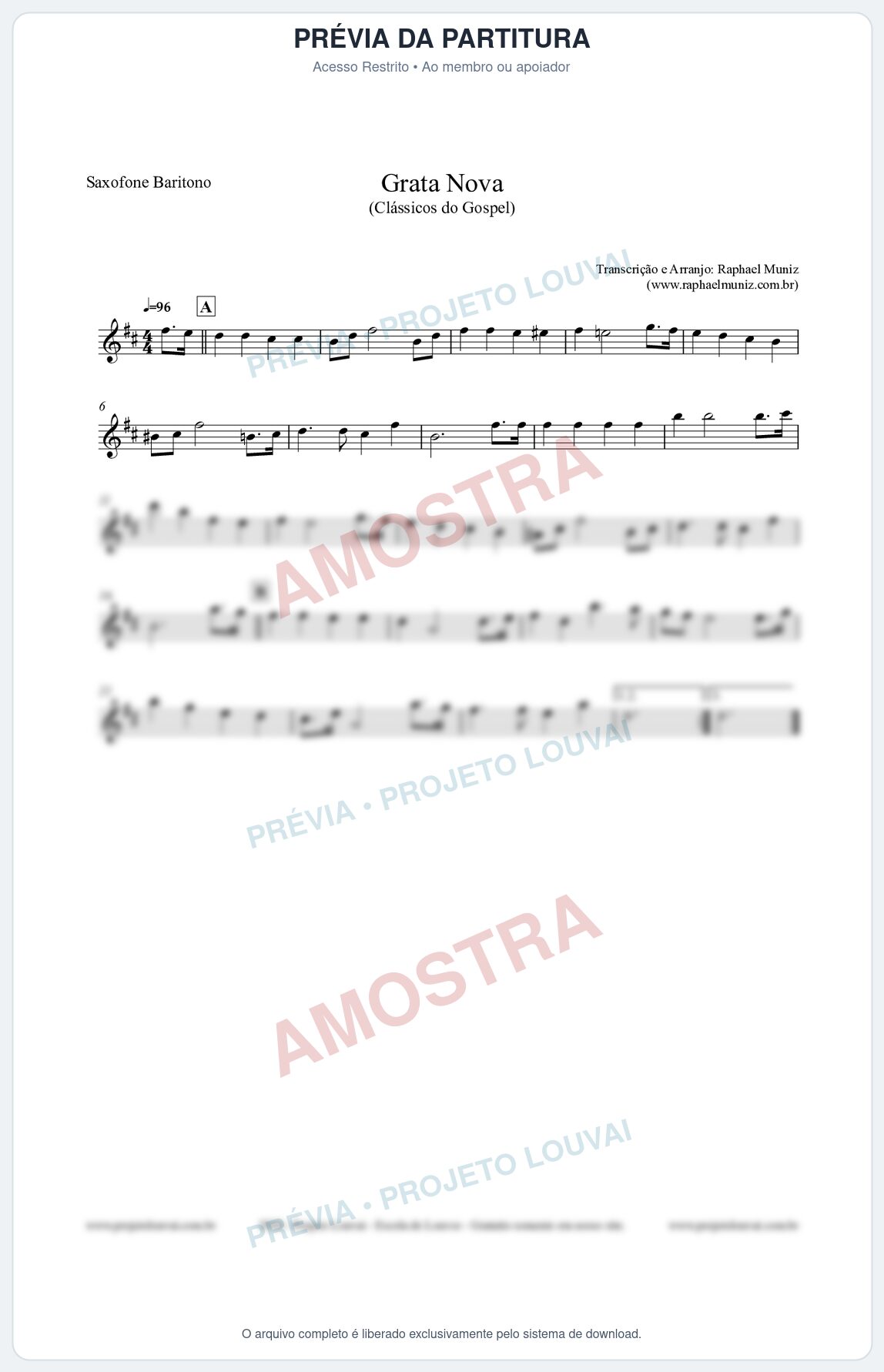 Prévia protegida da primeira página da partitura Partitura para Saxofone Barítono - Grata Nova - Harpa Cristã 18 (Tom Dm) - Clássicos do Gospel