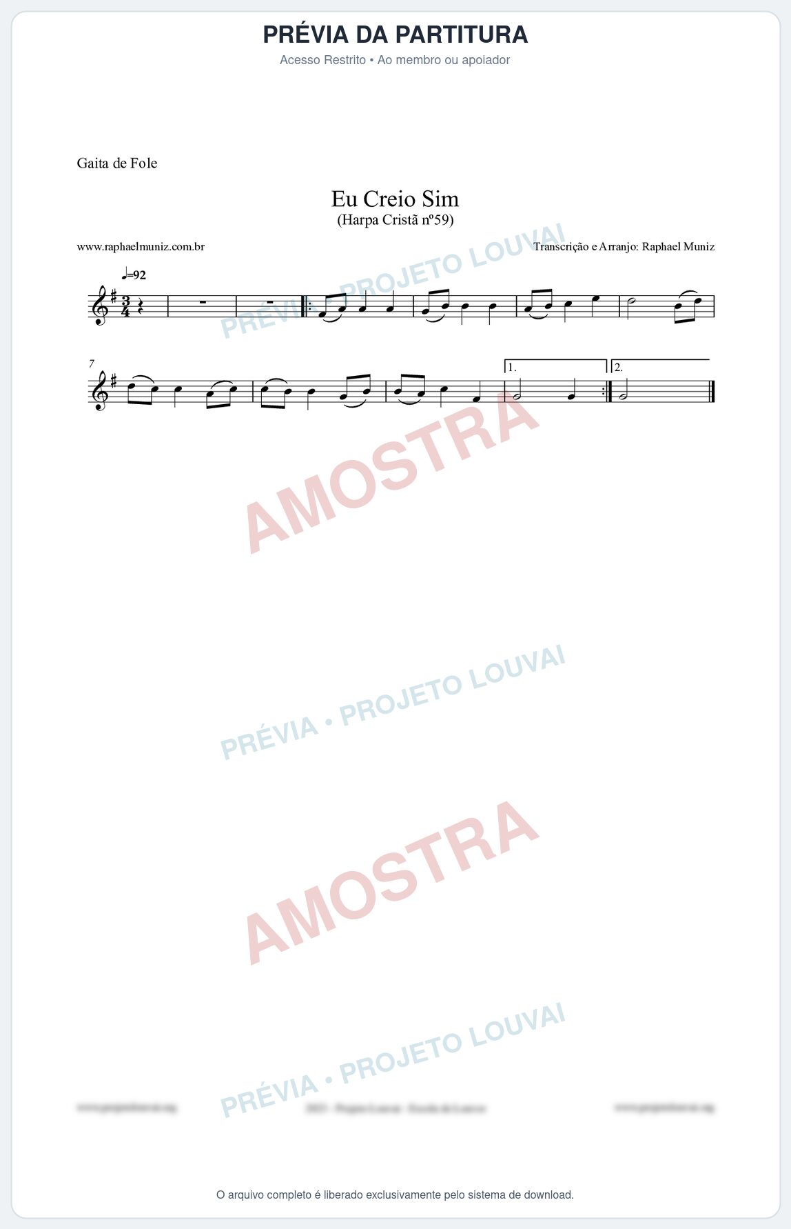 Prévia protegida da primeira página da partitura Partitura para Gaita de Fole - Eu Creio Sim - Harpa Cristã nº59 - Clássicos do Gospel