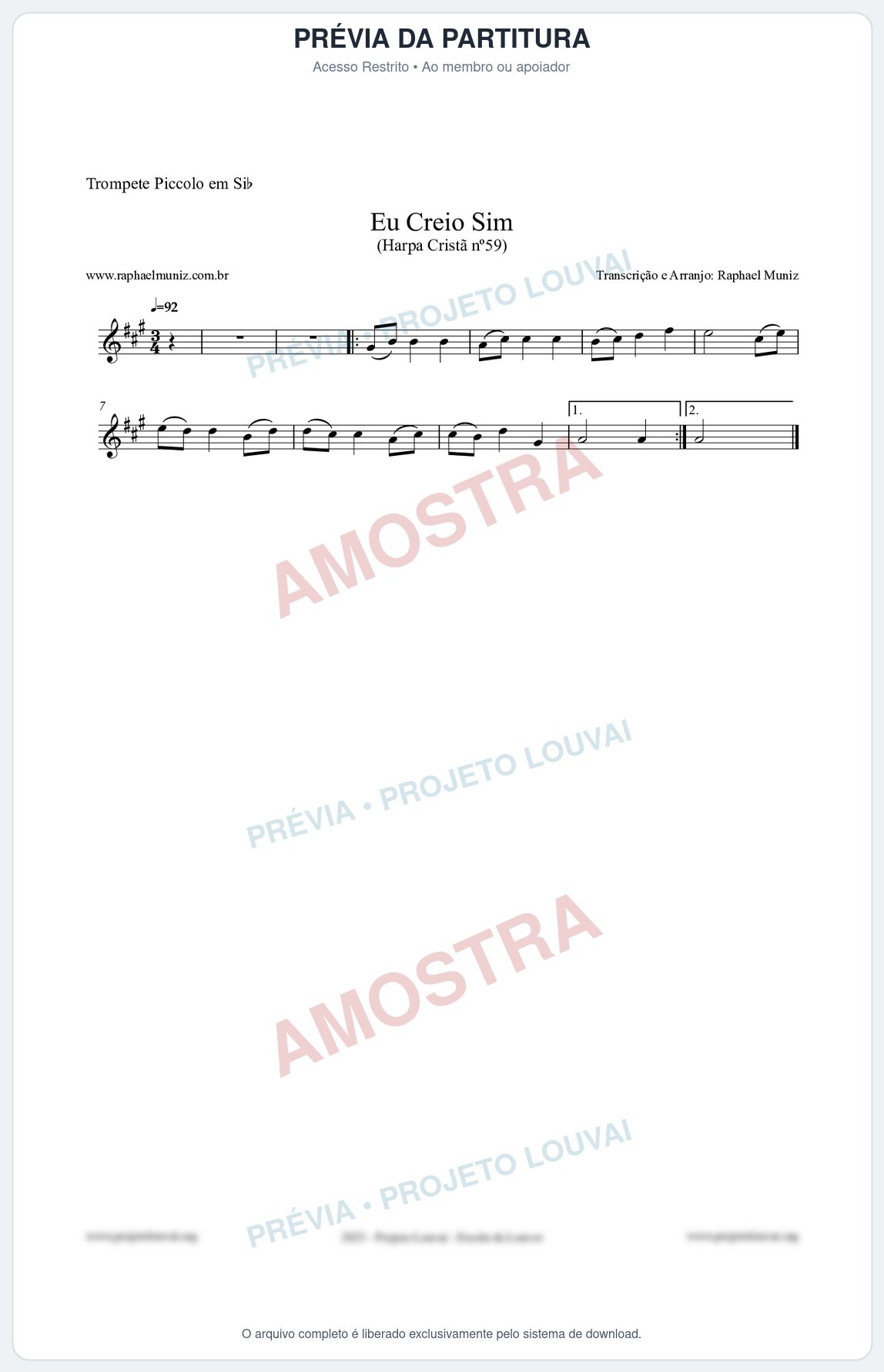 Prévia protegida da primeira página da partitura Partitura para Trompete Piccolo em Sib - Eu Creio Sim - Harpa Cristã nº59 - Clássicos do Gospel