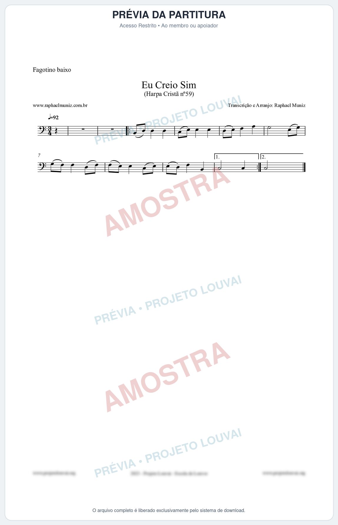 Prévia protegida da primeira página da partitura Partitura para Fagotino baixo - Eu Creio Sim - Harpa Cristã nº59 - Clássicos do Gospel